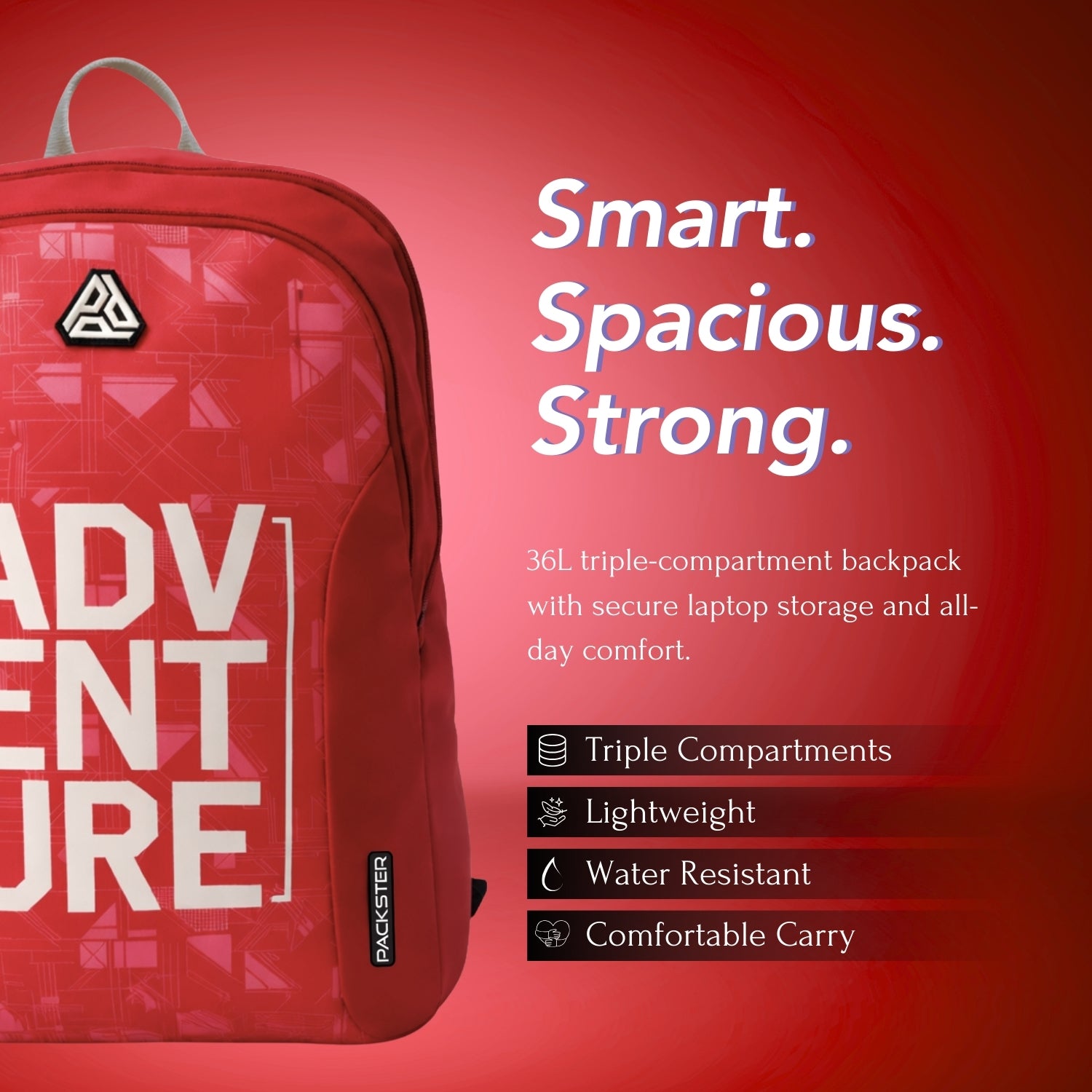 Packster Adventure red 36L Laptop Backpack for Students | Triple Compartment, Organizer Pockets, Water-Resistant School & Travel Bag