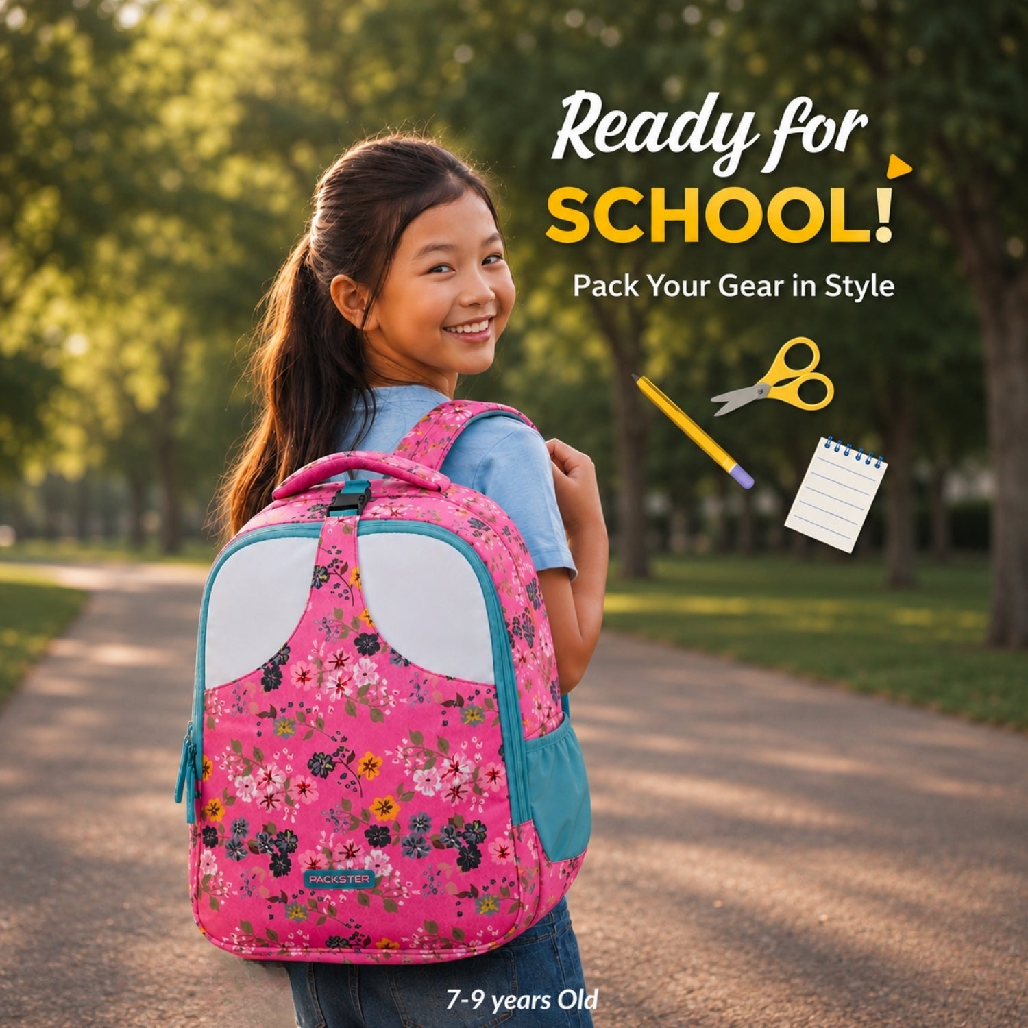 Packster Pancy Kids School Backpack | 24L  School Bags For Girls with Stationery Pouch | Lightweight | Water-Resistant | Pink Floral Design