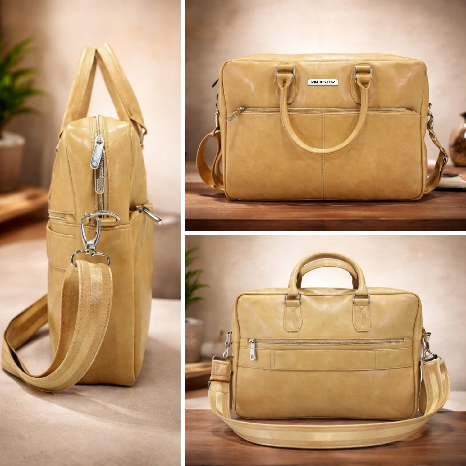 Packster Premium Leather Laptop Bag for Men, Deer Napa Crushed Effect, Up to 13 Inch, Messenger Bag with Adjustable Strap, Trolley Sleeve, Organiser