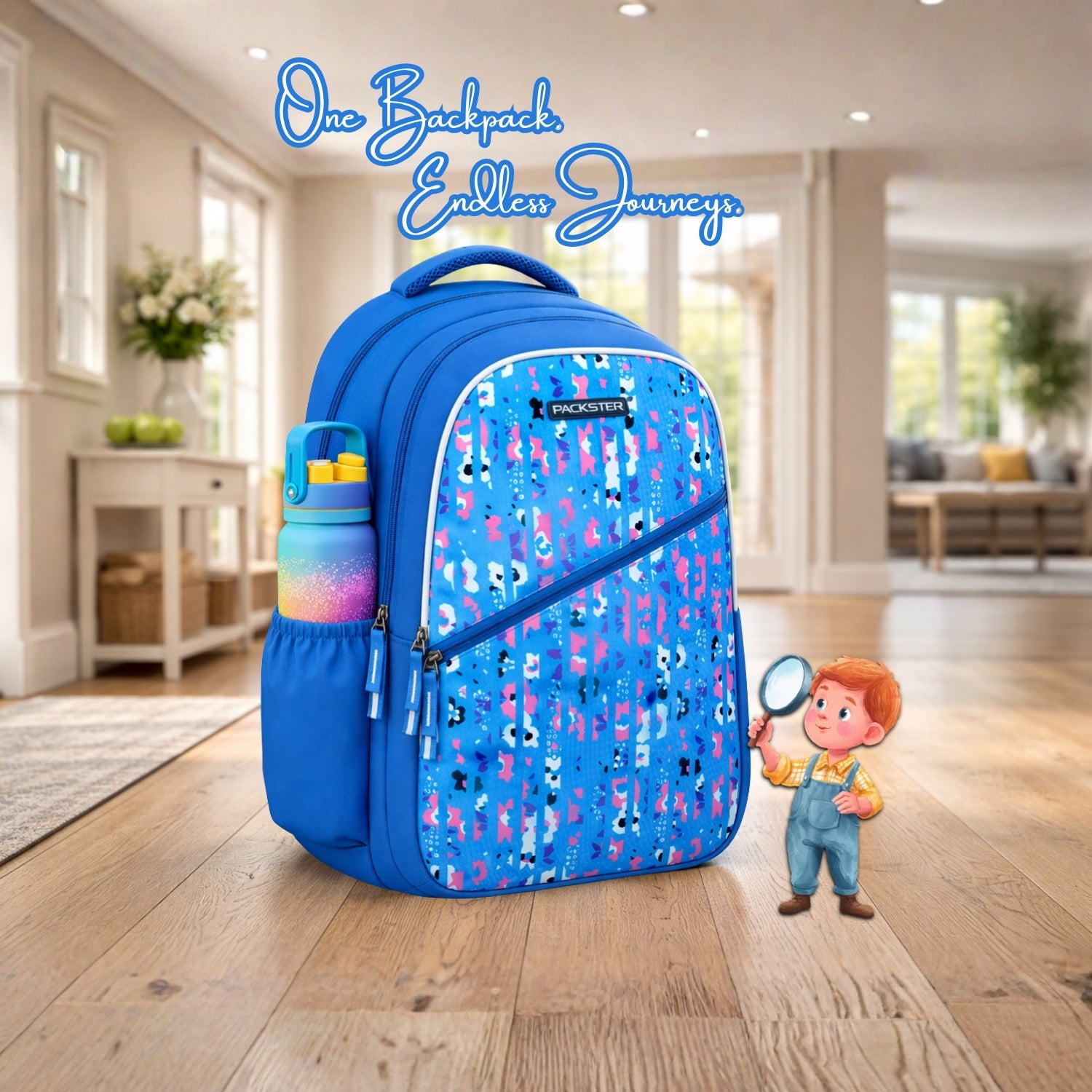 Packster 30L Kids School Bag for Girls 8–12 Years | BTS Twilight Series | Water-Resistant Casual Bag | Triple Compartment | Comfortable Padded Design | Durable Daily Use Backpack (Blue)