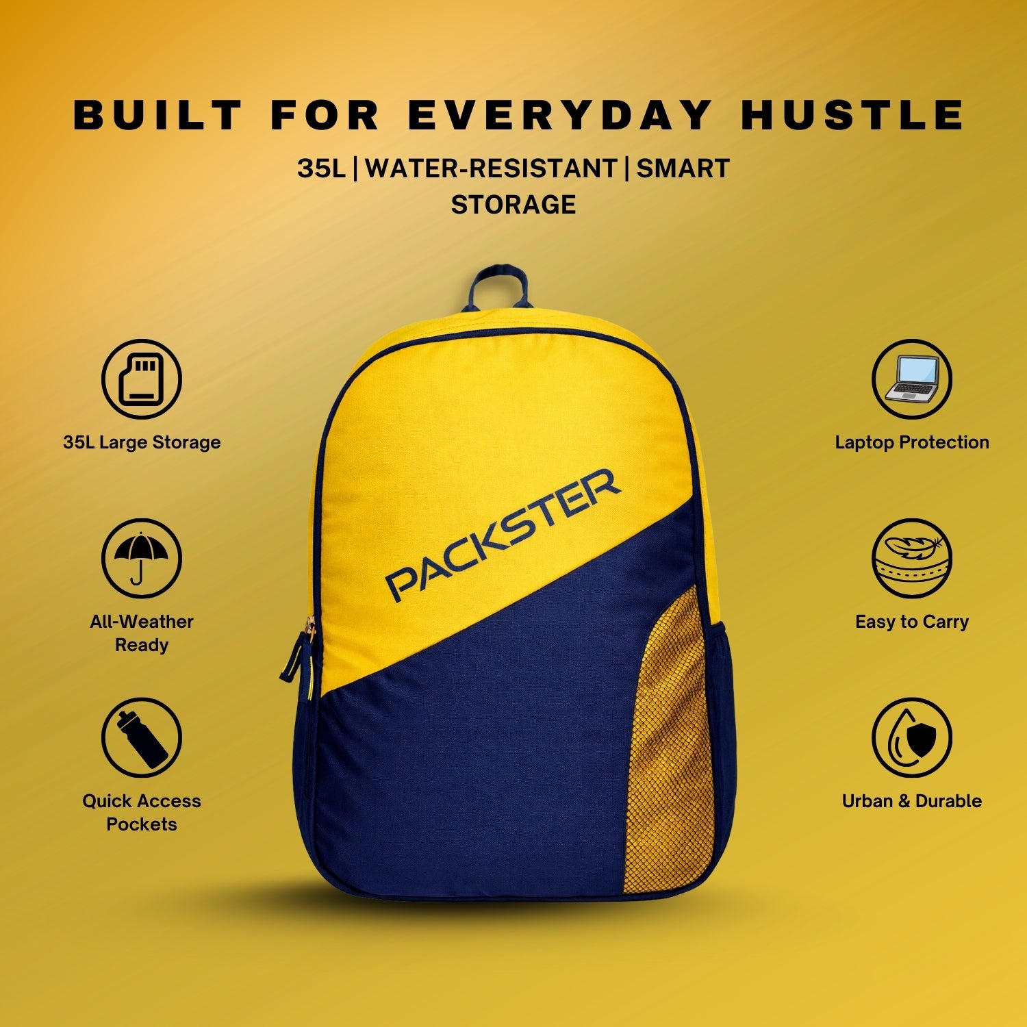 PACKSTER Yellow Laptop Backpack – 35L Water-Resistant Bag with Padded Laptop Sleeve for College & Travel