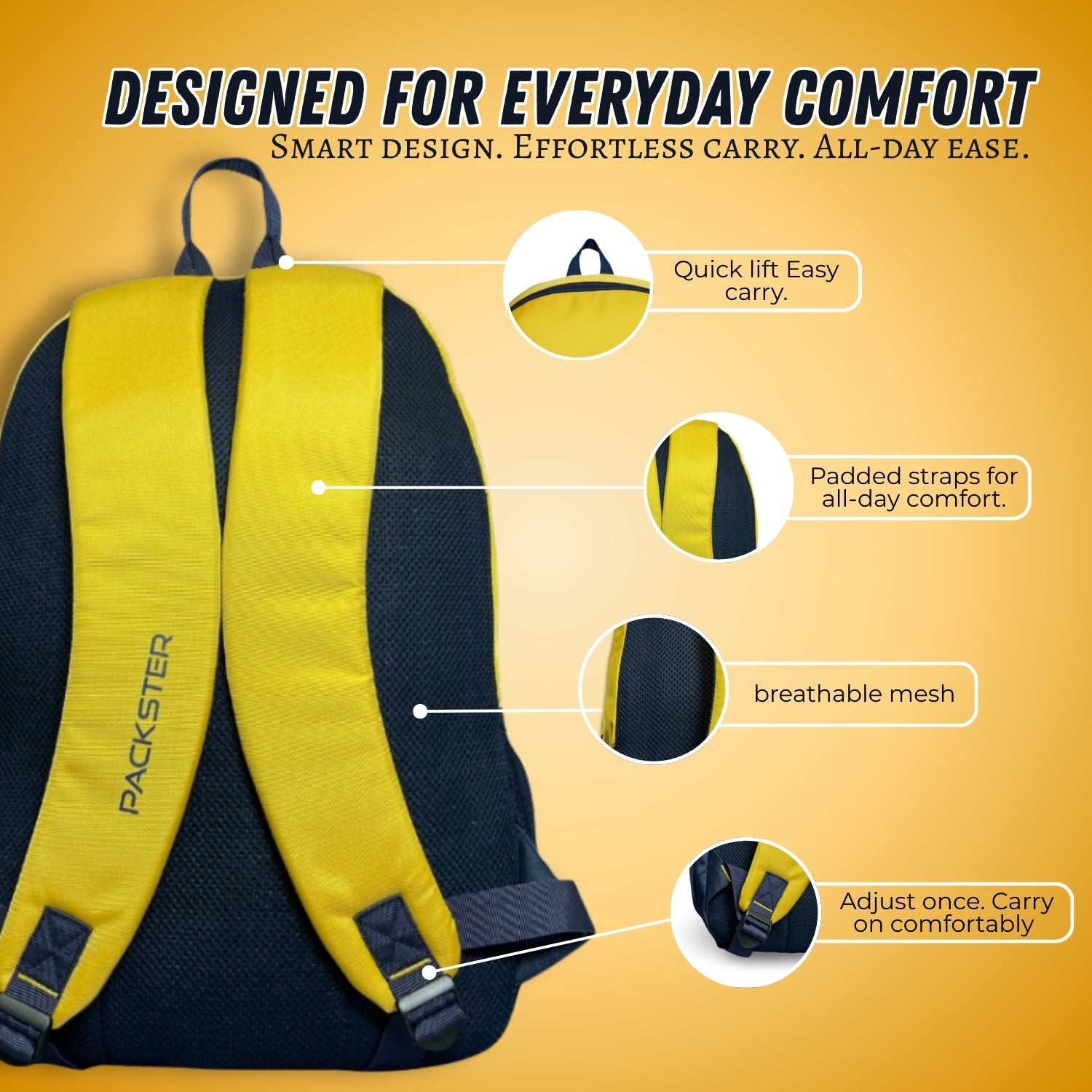 PACKSTER Yellow Laptop Backpack – 35L Water-Resistant Bag with Padded Laptop Sleeve for College & Travel