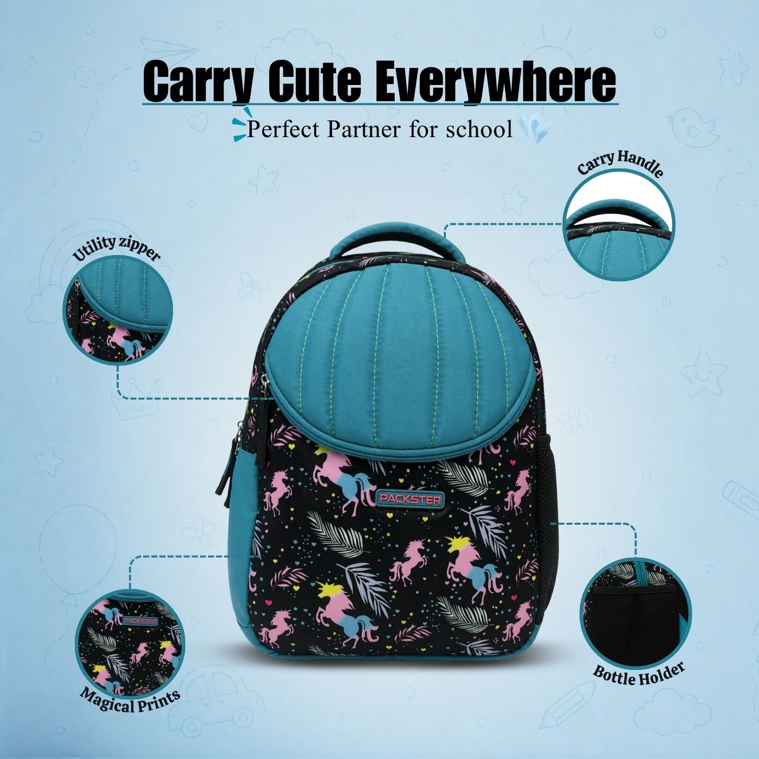 Packster SMALL-FLICKA Aqua  Black 9L Toddler Backpack | Knit Twill Polyester | Water-Resistant Kids School Bag | Padded Back | Bottle Holder | Adjustable Straps | School Bag for kids 2–5 Years
