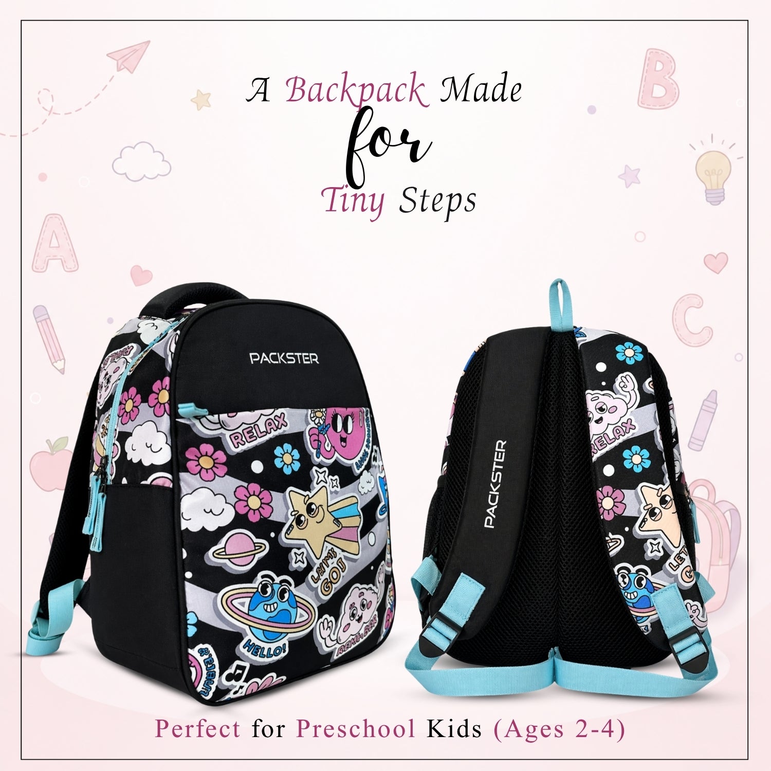 Packster SMALL-RELAX black 9L Toddler Backpack | Knit Twill Polyester | Water-Resistant Kids School Bag | Padded Back | Bottle Holder | Adjustable Straps | School bag for kids 2-5 Years