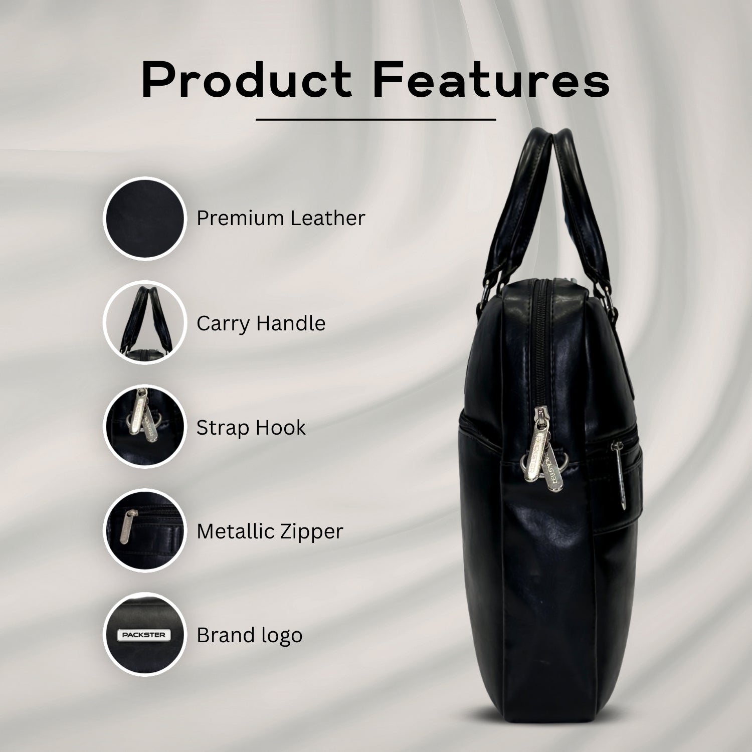 Packster Black Laptop Messenger Bag for Men | Premium Vegan Leather Office Bag with 15.6 Inch Laptop Compartment, Trolley Sleeve & Organizer