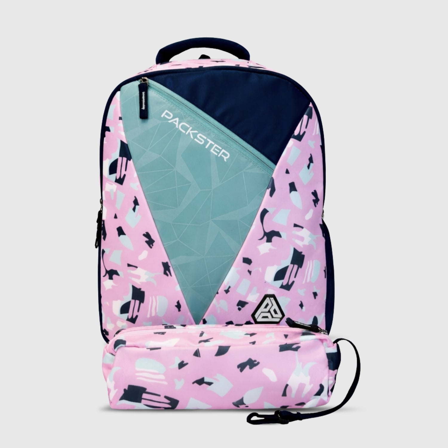 Packster BTS Abstract 30L Girls School Bag | Triple Compartment with Laptop Organizer & Utility Pocket | Water Resistant Lightweight with Pencil Pouch | Age 8–18 Years (Pink Navy)