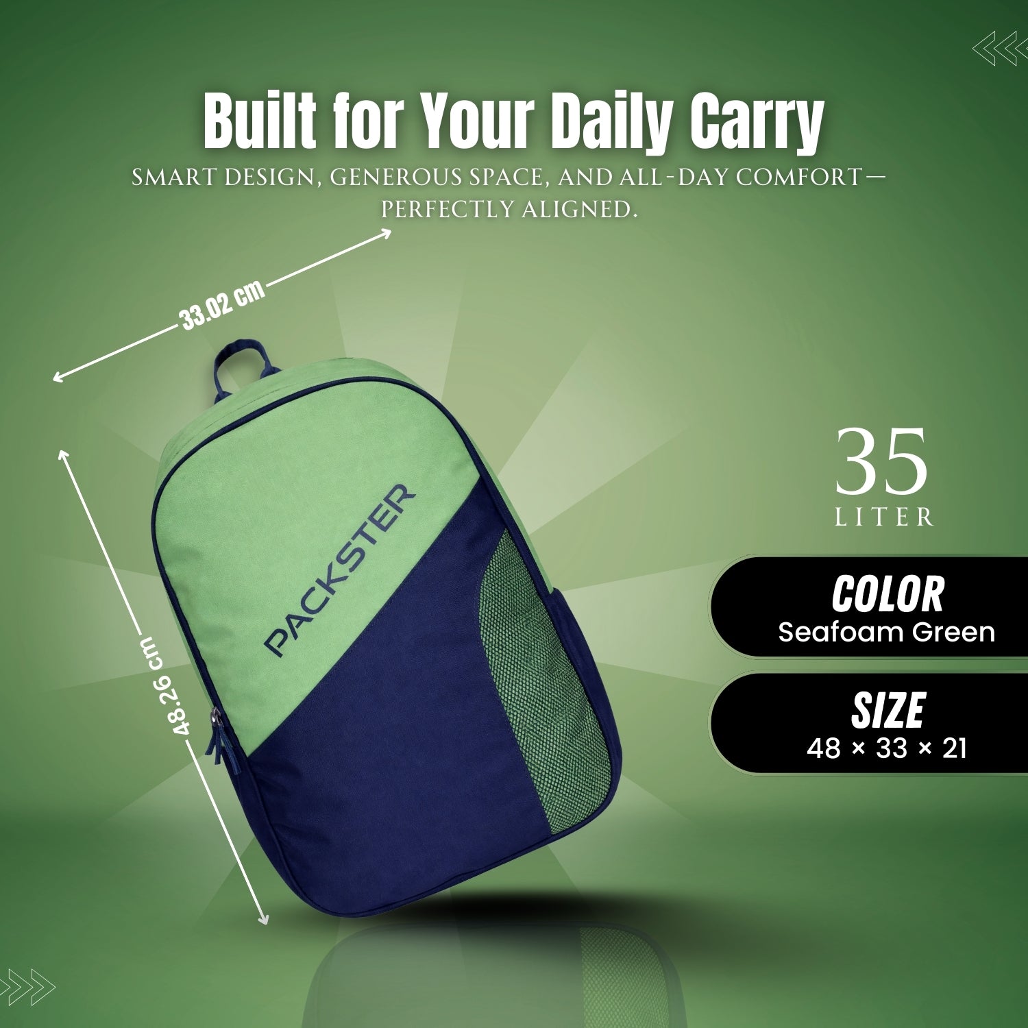 Packster BTC Horizon 35L Casual Laptop Backpack for Men & Women | Water-Resistant | Triple Compartment | Lightweight Durable College, Travel & Daily Use Bag with Bottle Holders (Sage/Navy)