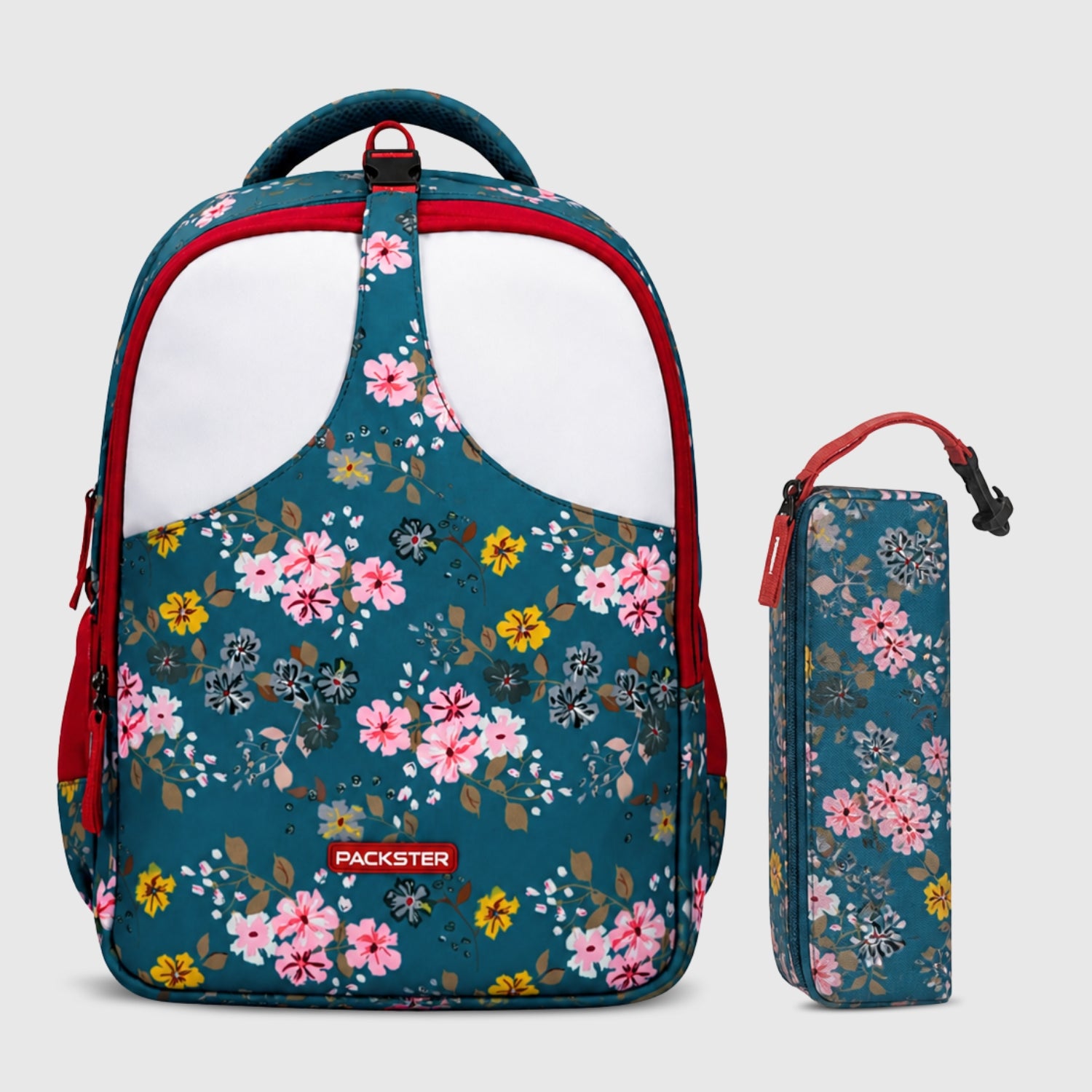 Packster Pancy School Bag for Kids | 24L Girls School Backpack with Stationery Pouch | Lightweight | Water-Resistant | Sea Green Floral Design