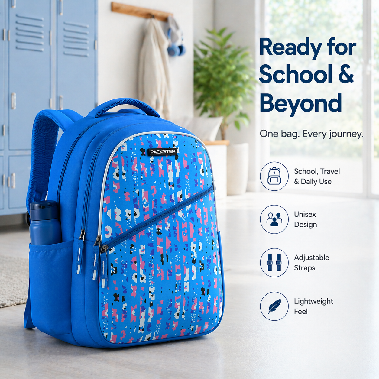 Packster 30L Kids School Bag for Girls 8–12 Years | BTS Twilight Series | Water-Resistant Casual Bag | Triple Compartment | Comfortable Padded Design | Durable Daily Use Backpack (Blue)