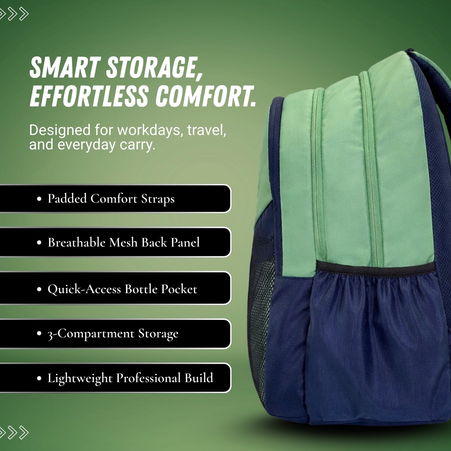 Packster BTC Horizon 35L Casual Laptop Backpack for Men & Women | Water-Resistant | Triple Compartment | Lightweight Durable College, Travel & Daily Use Bag with Bottle Holders (Sage/Navy)
