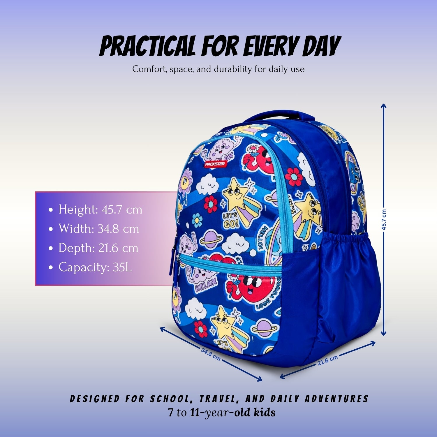 Packster BTS Relax 35L Girls School Bag 7–11 Years | Lightweight Water-Resistant Design | Triple Compartment Storage | Comfortable Padded Straps & Dual Bottle Holder | Daily Use (Blue)