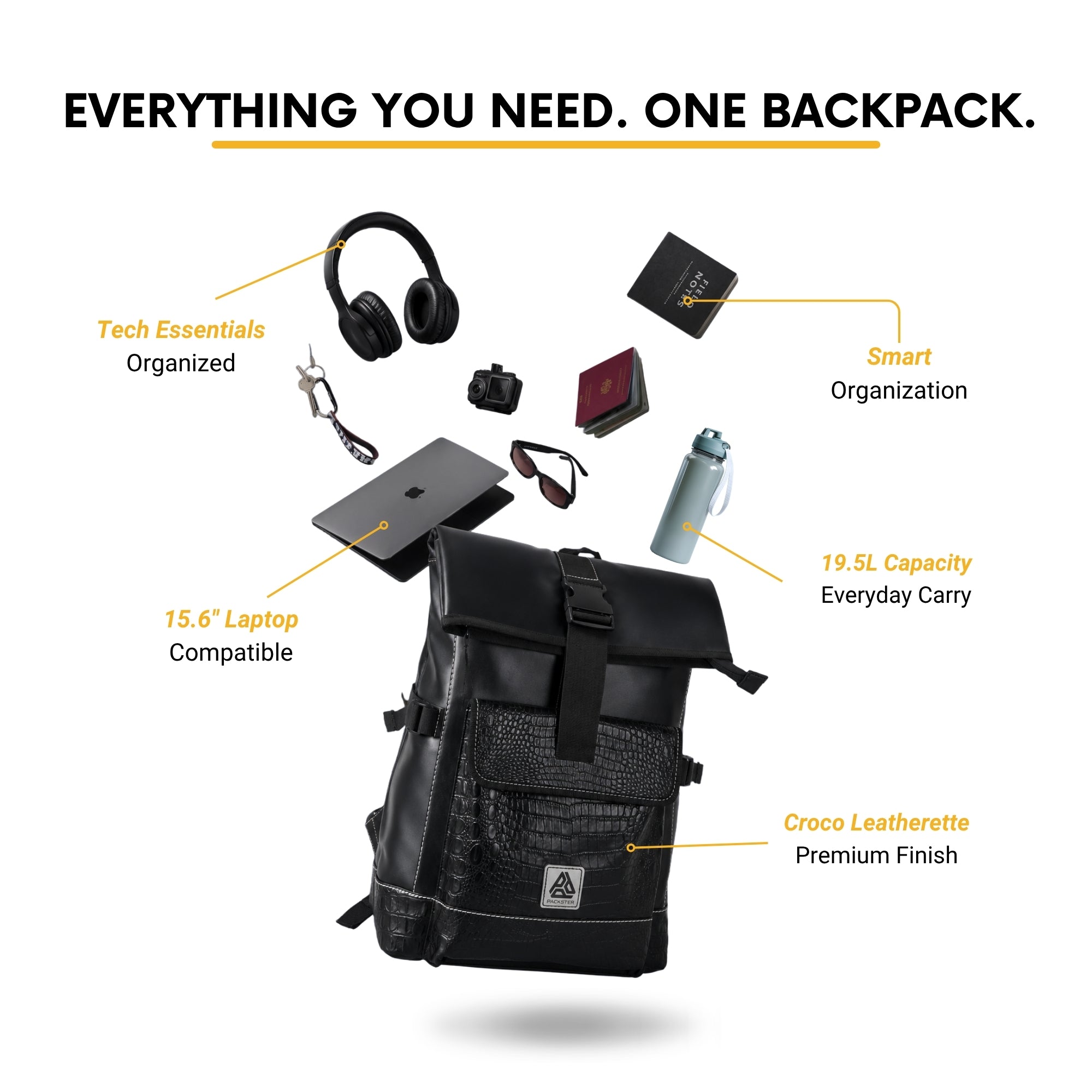 Packster CXR Origin Flap Top 19.5L Black Backpack for Men & Women