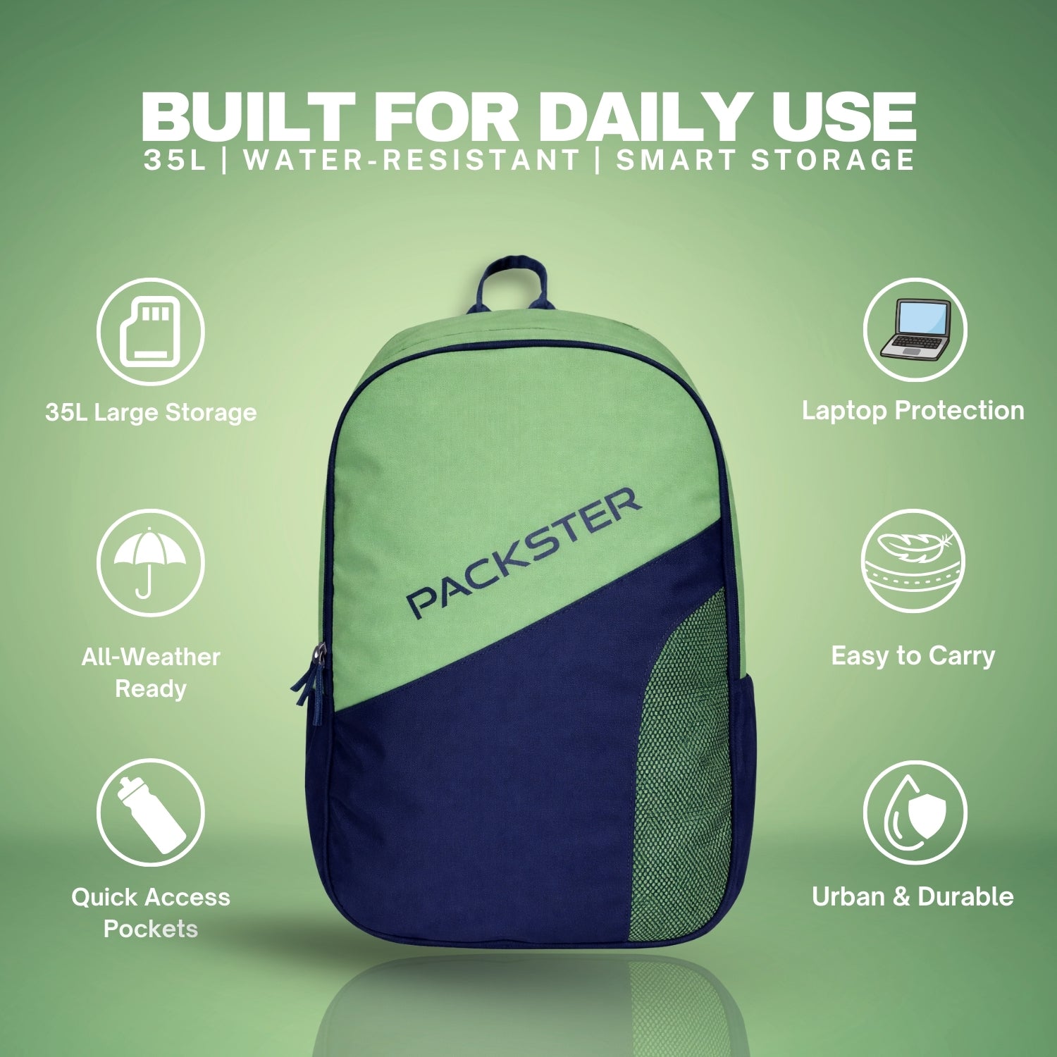 Packster BTC Horizon 35L Casual Laptop Backpack for Men & Women | Water-Resistant | Triple Compartment | Lightweight Durable College, Travel & Daily Use Bag with Bottle Holders (Sage/Navy)