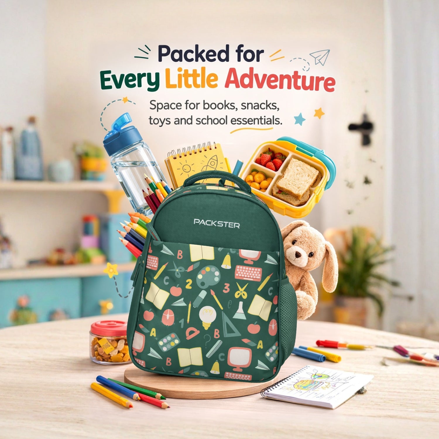 Packster PRE-PALLETE Sea Green 9L Toddler Backpack | Knit Twill Polyester | Water-Resistant Kids School Bag | Padded Back | Bottle Holder | Adjustable Straps | School bag for kids 2-5 Years