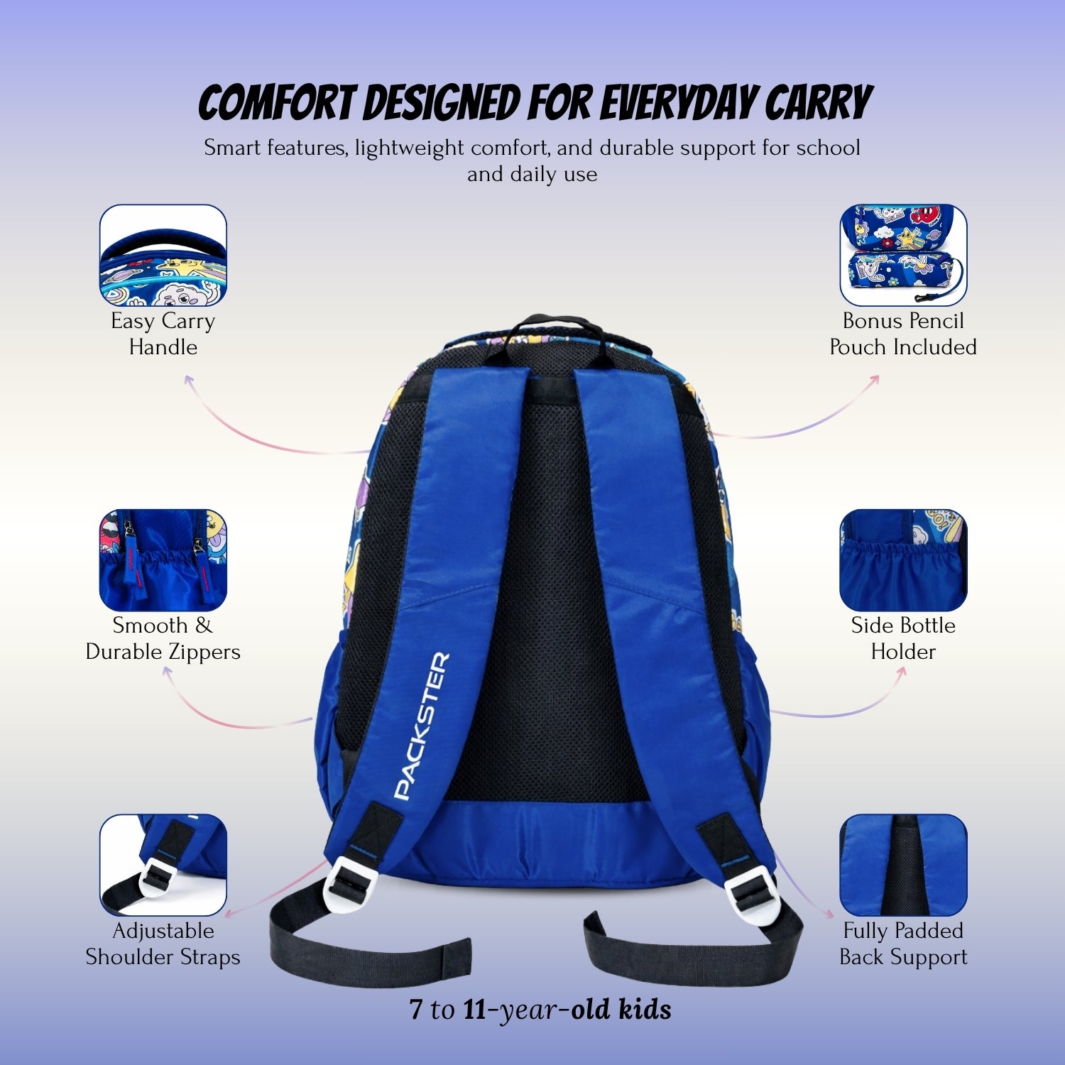 Packster BTS Relax 35L Girls School Bag 7–11 Years | Lightweight Water-Resistant Design | Triple Compartment Storage | Comfortable Padded Straps & Dual Bottle Holder | Daily Use (Blue)
