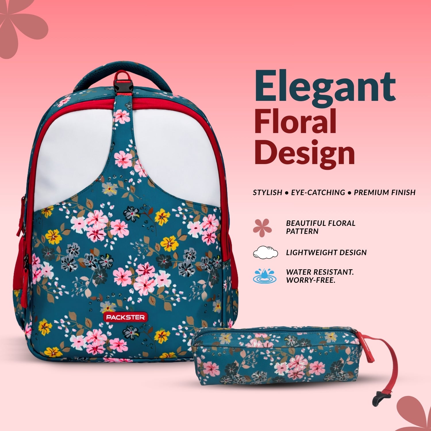 Packster Pancy School Bag for Kids | 24L Girls School Backpack with Stationery Pouch | Lightweight | Water-Resistant | Sea Green Floral Design