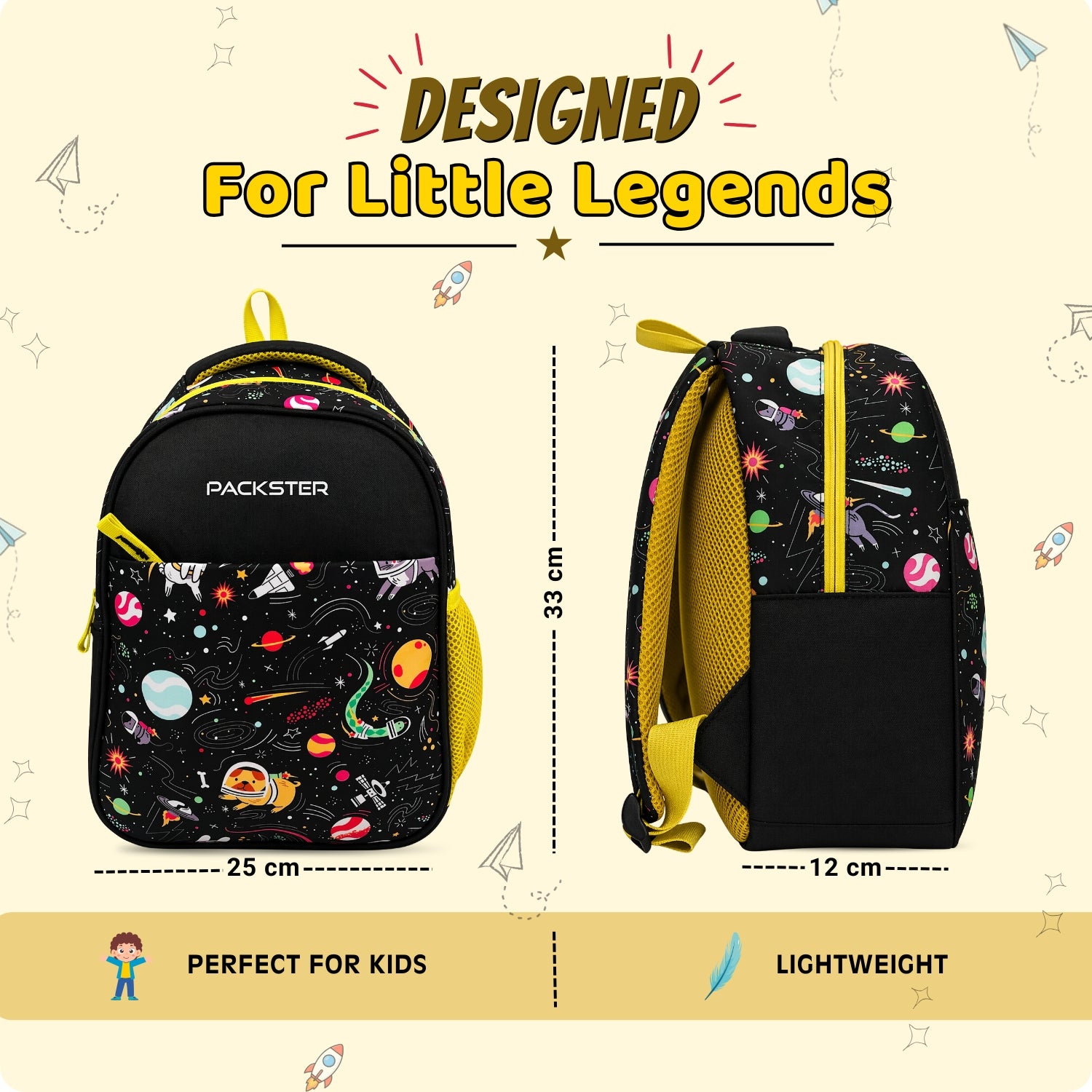 Packster SMALL-SPACE 9L Toddler Backpack Black Yellow | Space Print Kids School Bag | Lightweight Water-Resistant | Bottle Holder | 2–5 Years