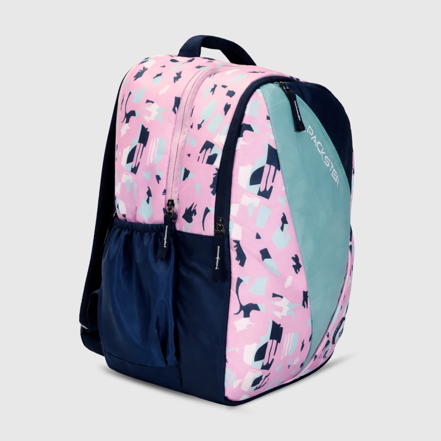 Packster BTS Abstract 30L Girls School Bag | Triple Compartment with Laptop Organizer & Utility Pocket | Water Resistant Lightweight with Pencil Pouch | Age 8–18 Years (Pink Navy)