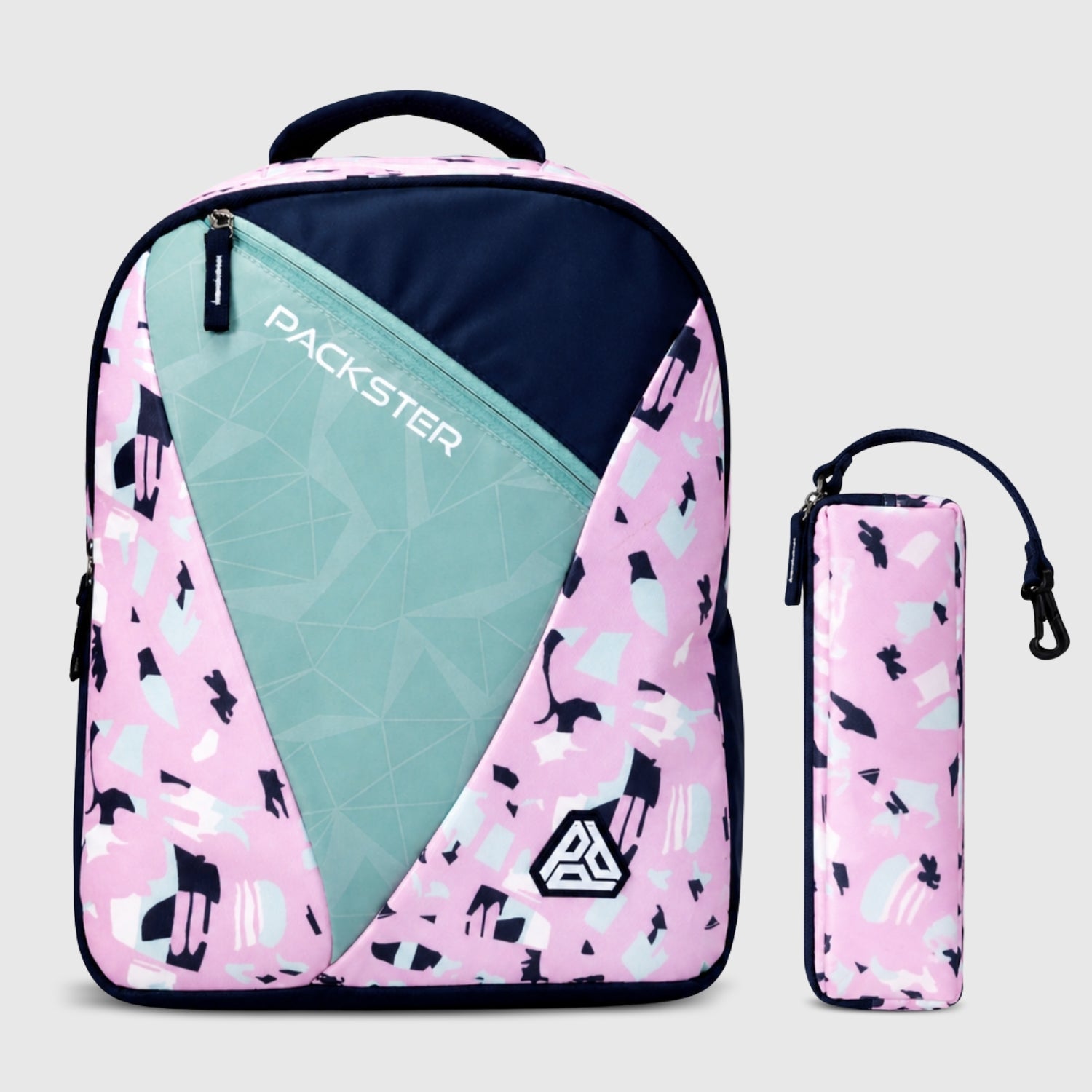 Packster BTS Abstract 30L Girls School Bag | Triple Compartment with Laptop Organizer & Utility Pocket | Water Resistant Lightweight with Pencil Pouch | Age 8–18 Years (Pink Navy)