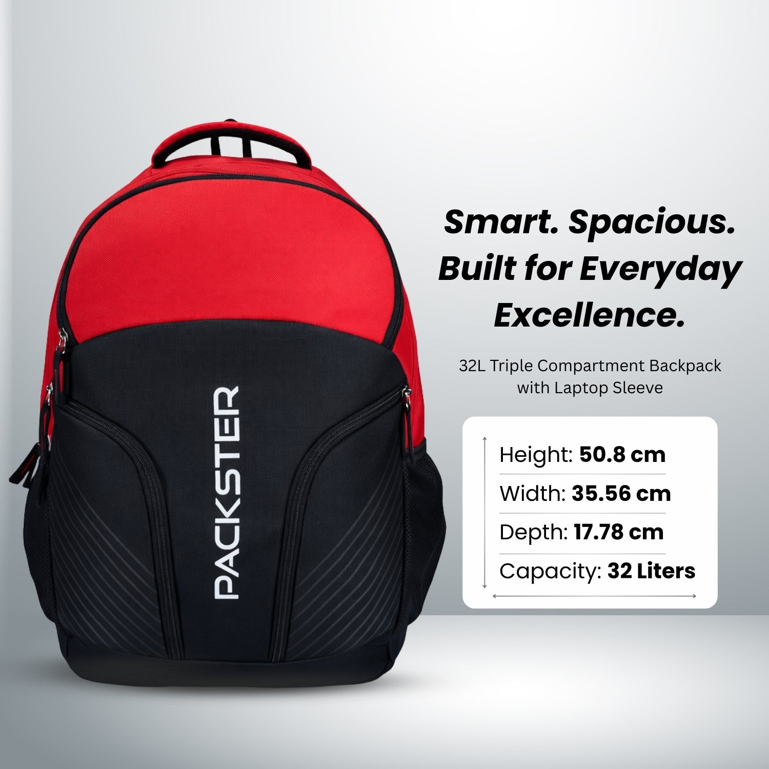 Packster Throne 32L Red Laptop Backpack for Boys | Triple Compartment School College Travel Bag with Laptop Sleeve & Bottle Holder