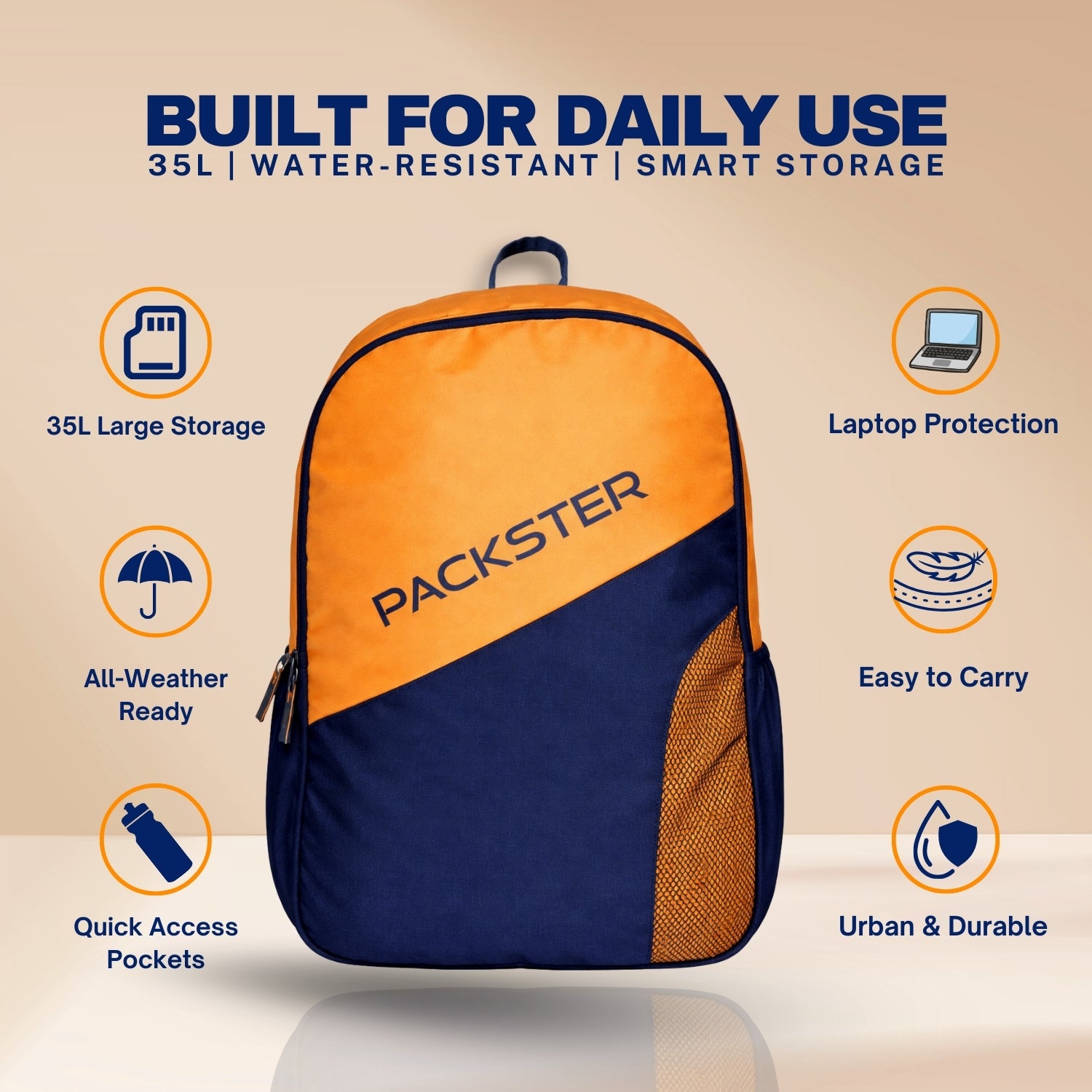 Packster BTC Horizon 35L Casual Laptop Backpack for Men & Women | Water-Resistant | Triple Compartment | Lightweight Durable College, Travel & Daily Use Bag with Bottle Holders (Sunshine/Navy)