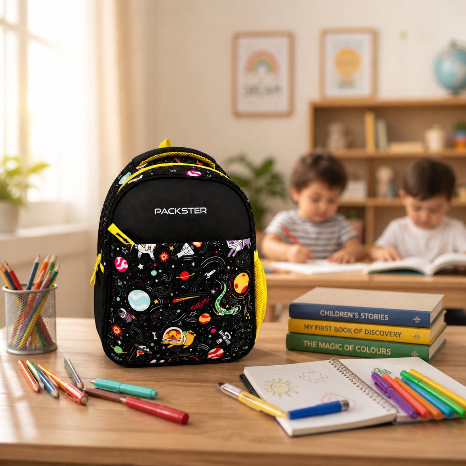 Packster SMALL-SPACE 9L Toddler Backpack Black Yellow | Space Print Kids School Bag | Lightweight Water-Resistant | Bottle Holder | 2–5 Years