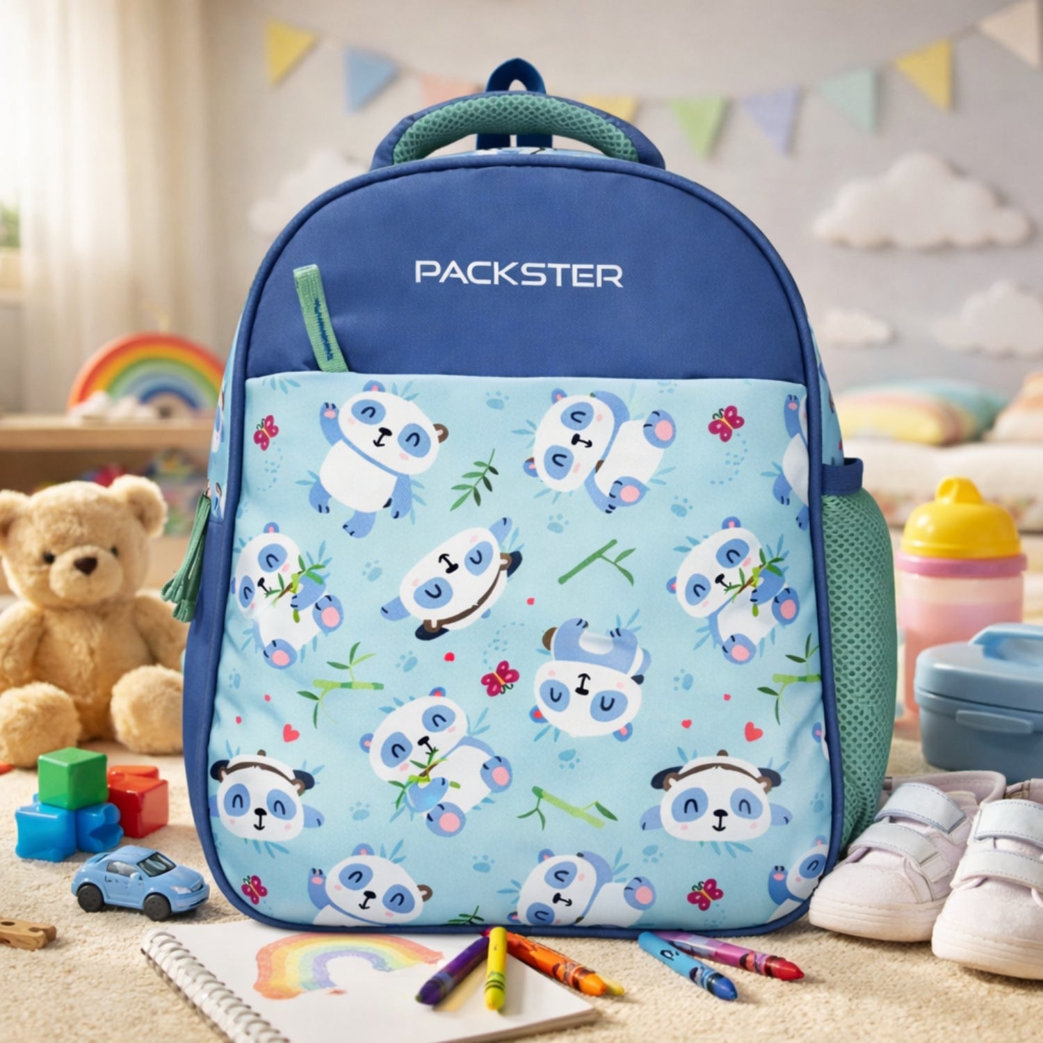 PRE-PANDA Ice Blue 9L Toddler Backpack | Panda Print Kids School Bag | Water-Resistant | Padded Back | Front Utility Pocket | Bottle Holder | School bag for kids 3-5 Years