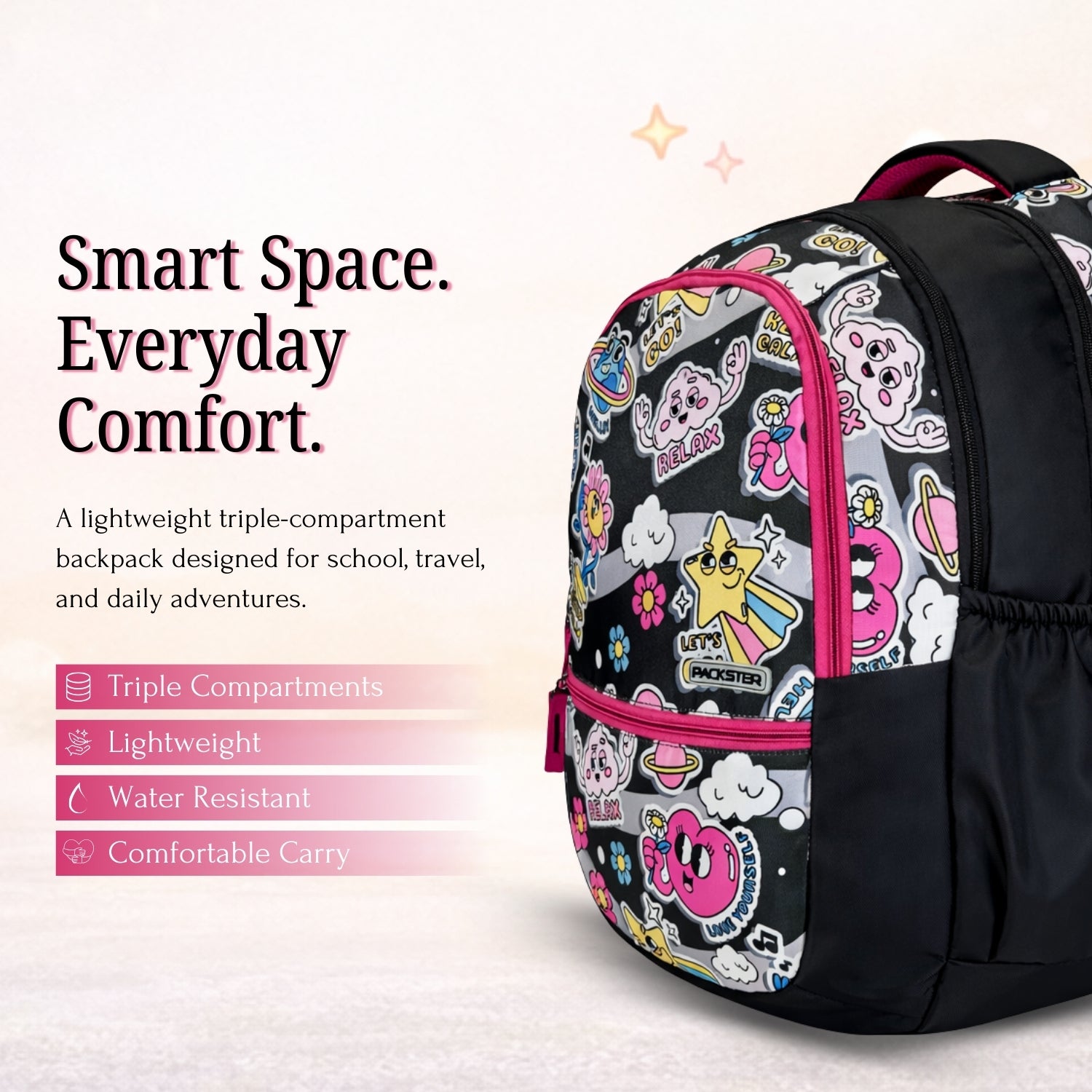 Packster Relax 3 compartments Kids Bag For School |  35L School Bag For Girls With Stationery Pouch | Lightweight | Water-Resistant | Black Cartoon Design