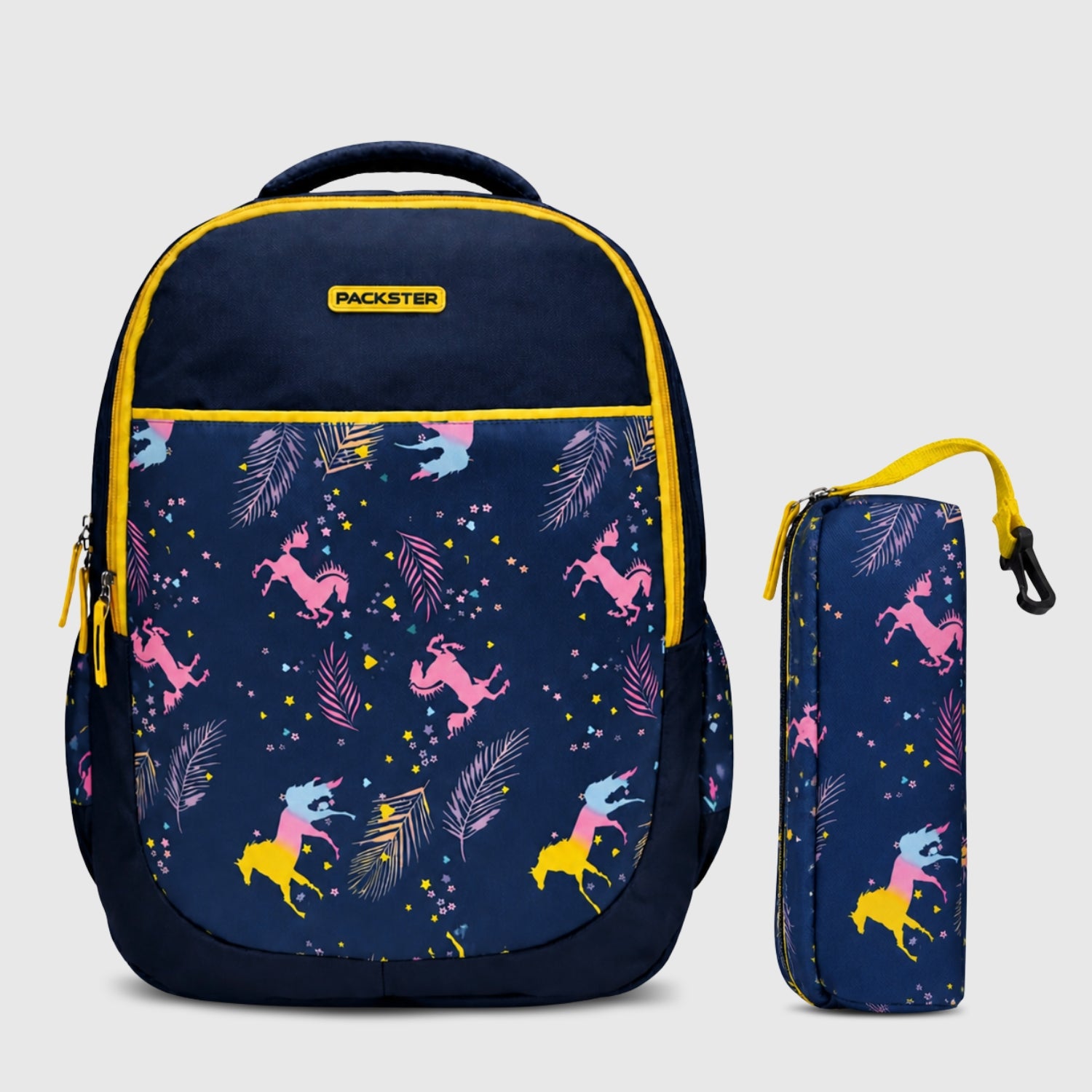 Packster Flicka School Backpack for Girls & Boys | 34L Kids School Bag with Stationery Pouch | 3 Compartments | Water-Resistant Backpack | Navy Blue Unicorn Design