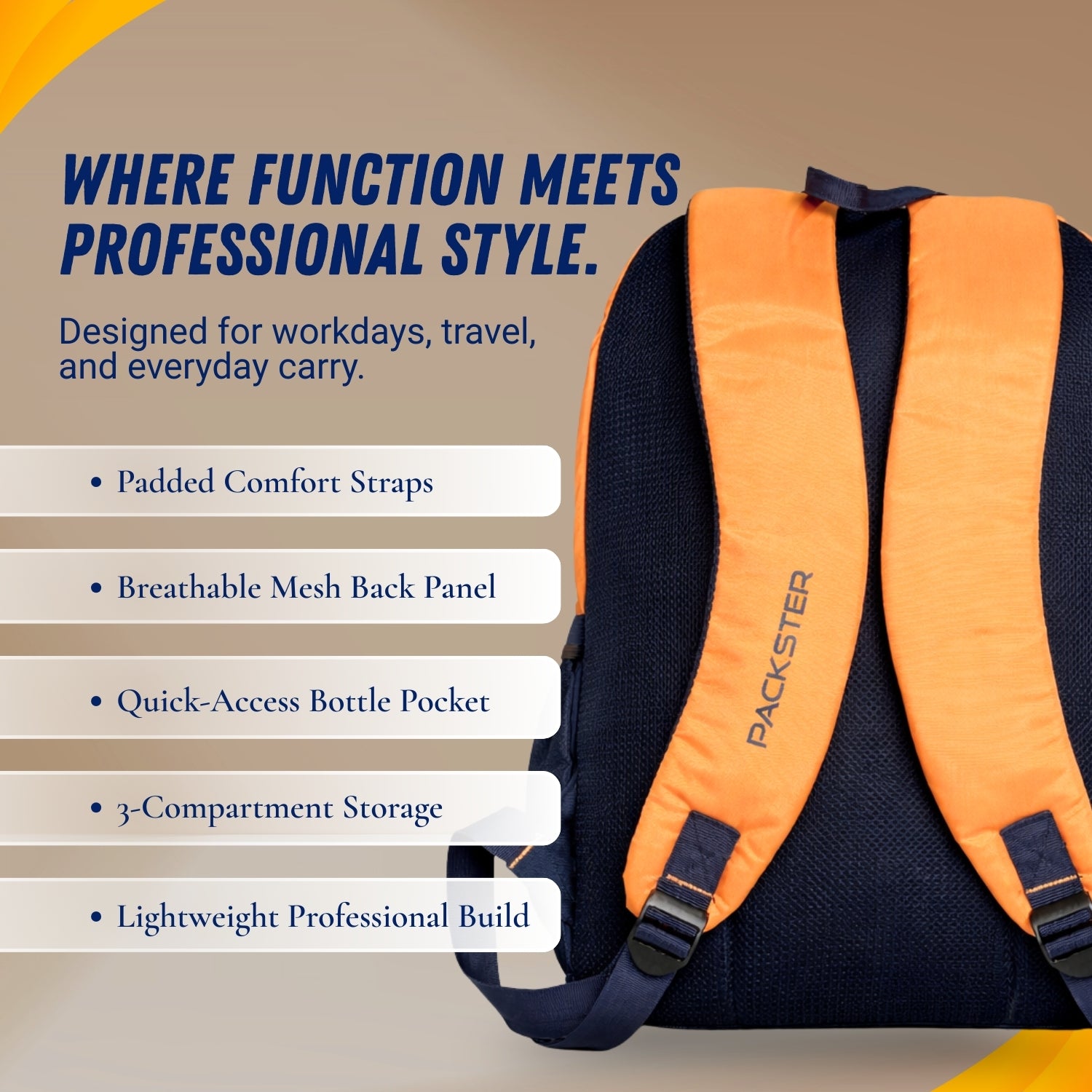 Packster BTC Horizon 35L Casual Laptop Backpack for Men & Women | Water-Resistant | Triple Compartment | Lightweight Durable College, Travel & Daily Use Bag with Bottle Holders (Sunshine/Navy)