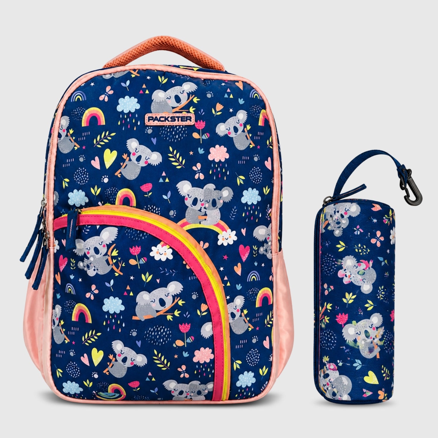 Packster BTS Raw Rainbow 30L Kids School Backpack for Girls 8–10 Years | Light Navy Koala Print School Bag with Triple Compartment, Bottle Pockets & Stationery Pouch