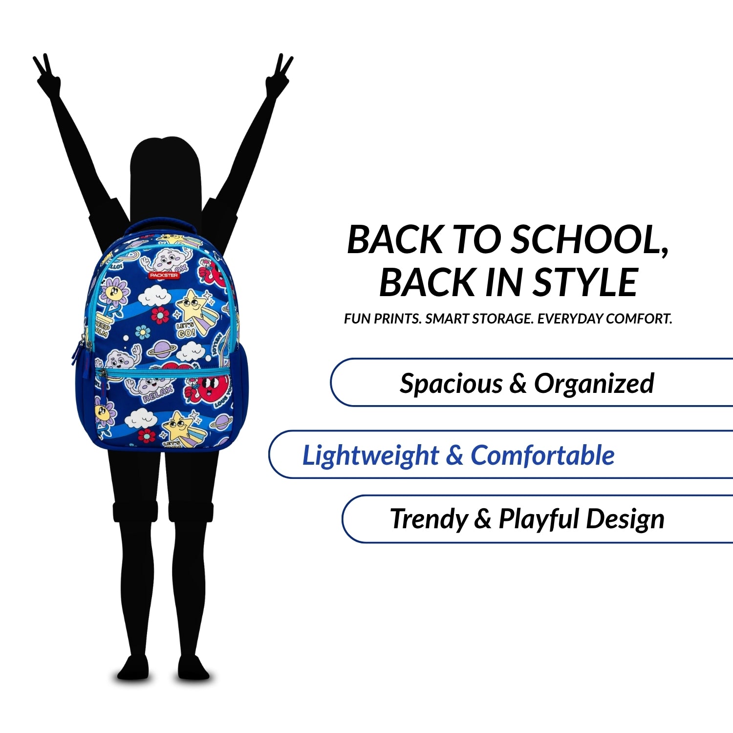 Packster BTS Relax 35L Girls School Bag 7–11 Years | Lightweight Water-Resistant Design | Triple Compartment Storage | Comfortable Padded Straps & Dual Bottle Holder | Daily Use (Blue)