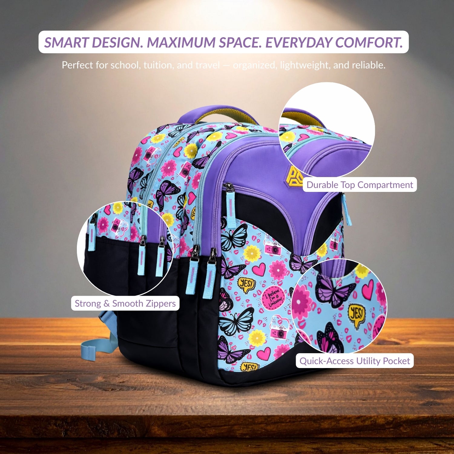 Packster Butterfly School Bags For Girls | 3 Compartments Kids Backpack With stationery Pouch | Water-Registant | Lightweight | Sky Blue Butterfly Design