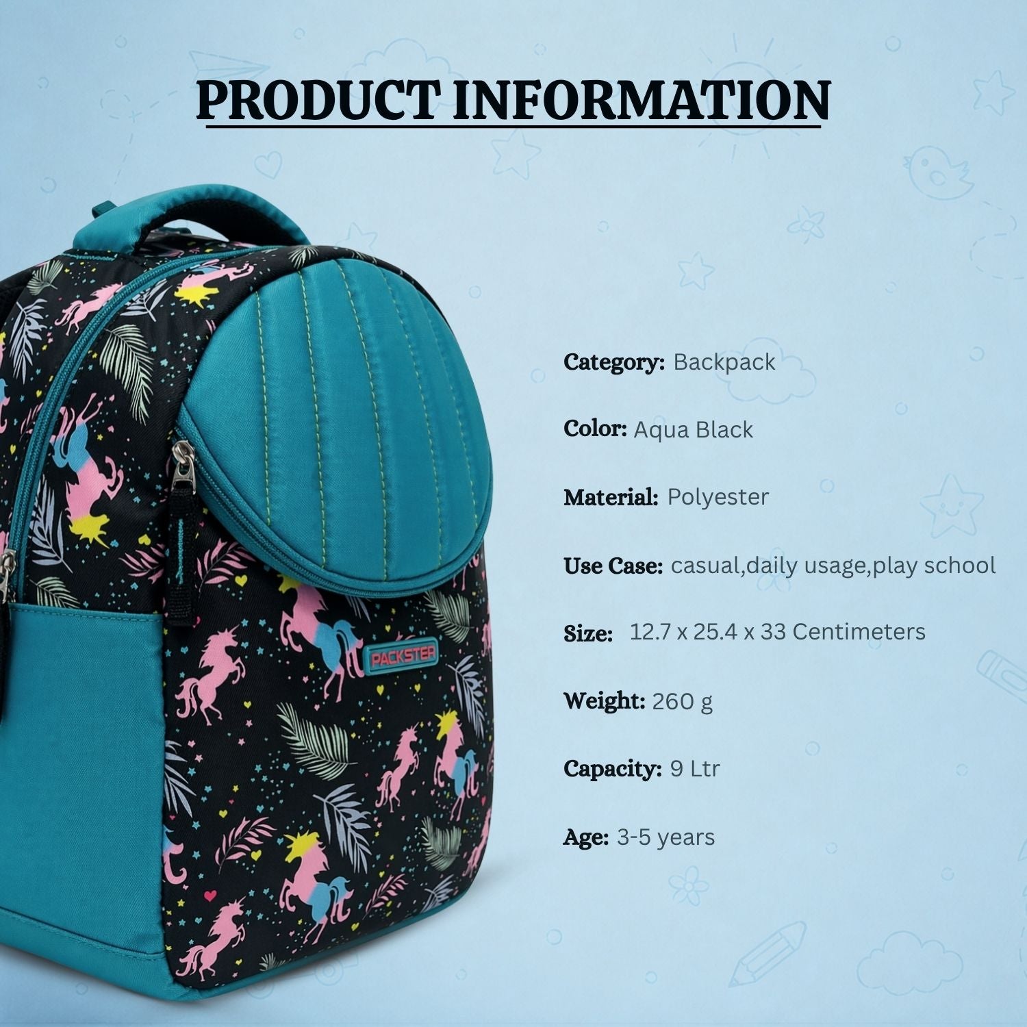 Packster Small Flicka 9L Aqua/Black Toddler Backpack Kids School Bag