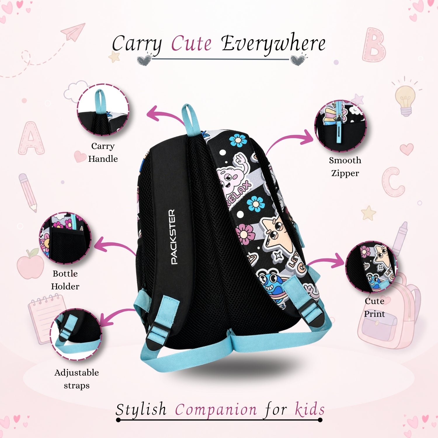 Packster SMALL-RELAX black 9L Toddler Backpack | Knit Twill Polyester | Water-Resistant Kids School Bag | Padded Back | Bottle Holder | Adjustable Straps | School bag for kids 2-5 Years