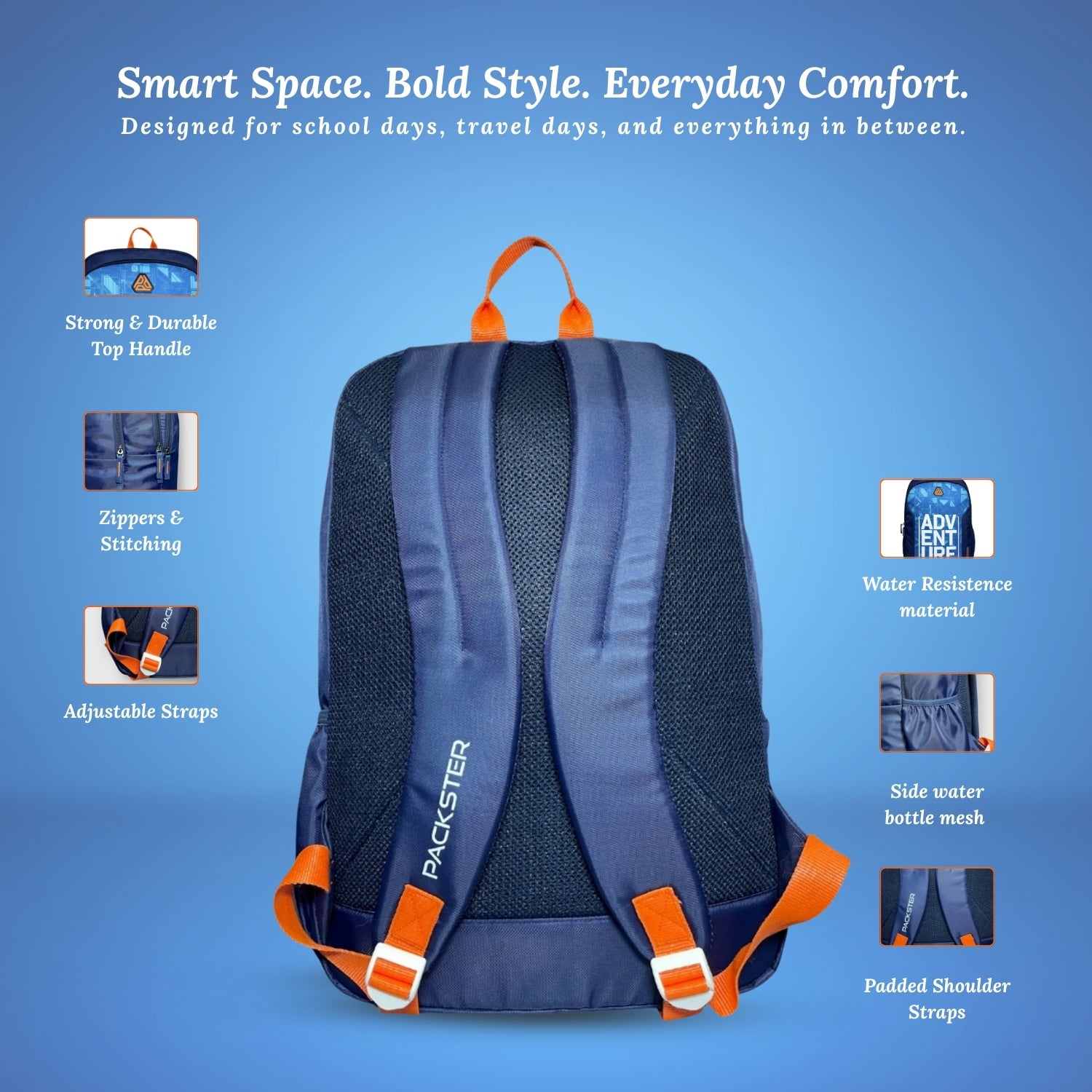 Packster Adventure Blue 36L Laptop Backpack for Students | Triple Compartment, Organizer Pockets, Water-Resistant School & Travel Bag