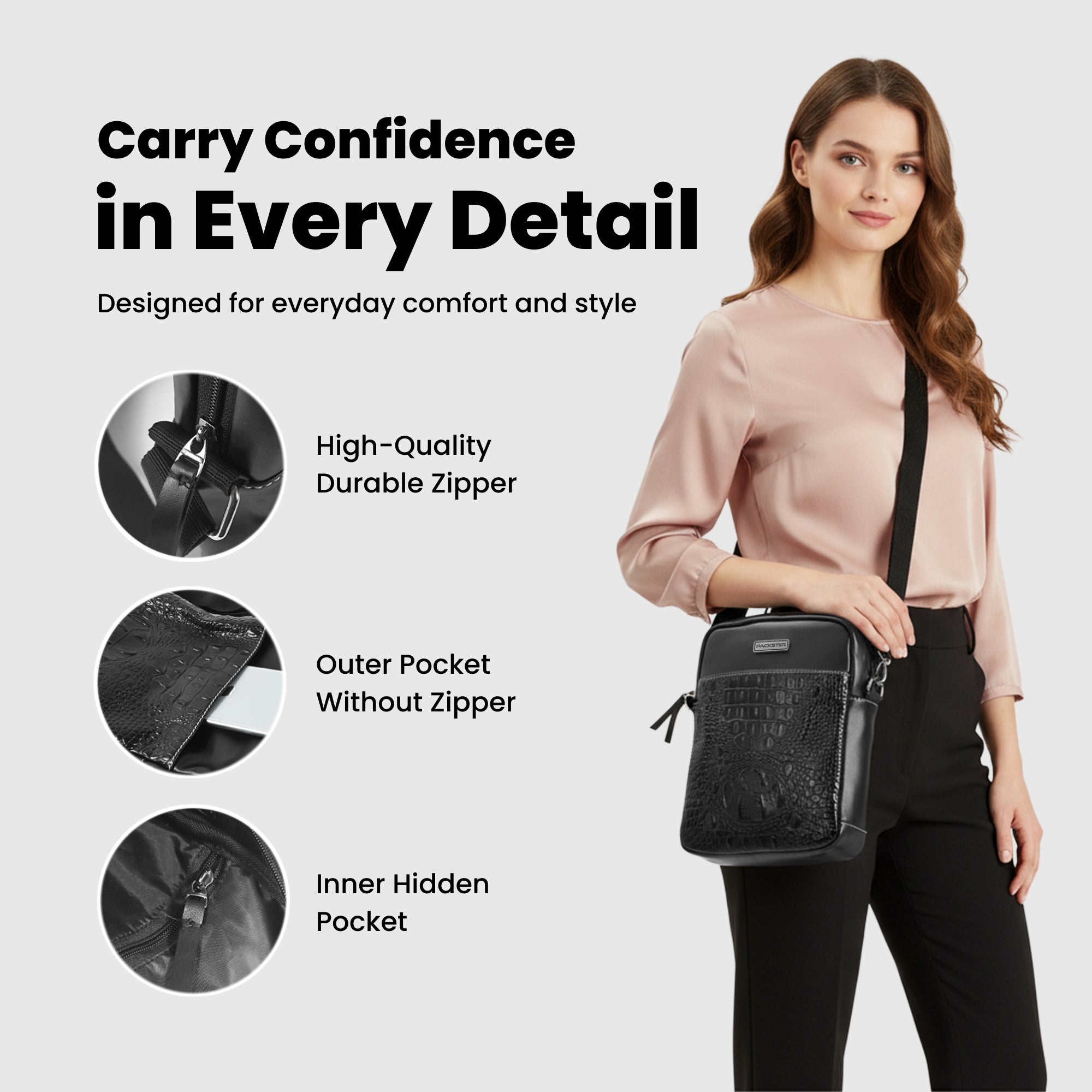 Sling Compact Crossbody Sling Bag | Croco Texture & Contrast Stitch