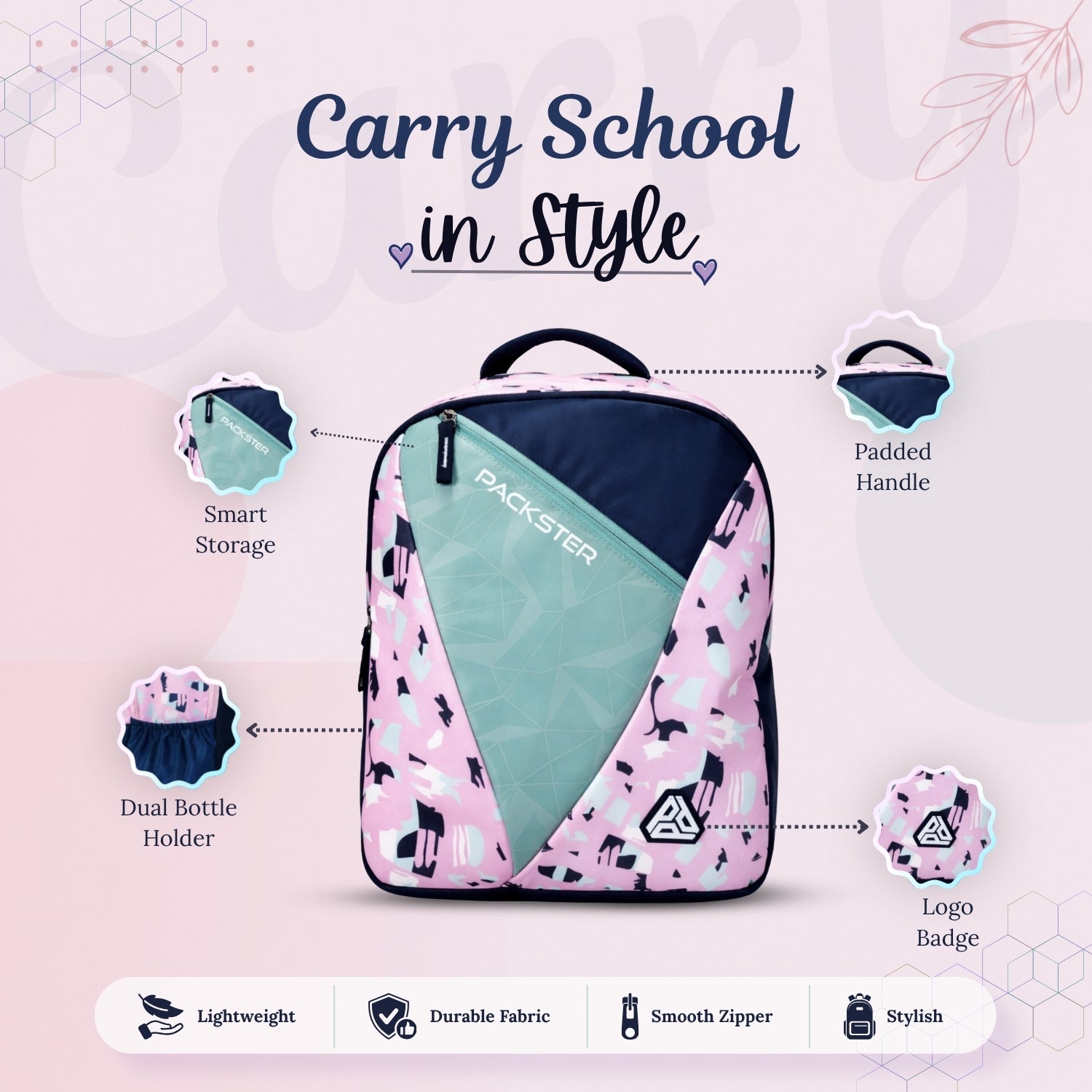 Packster BTS Abstract 30L Girls School Bag | Triple Compartment with Laptop Organizer & Utility Pocket | Water Resistant Lightweight with Pencil Pouch | Age 8–18 Years (Pink Navy)