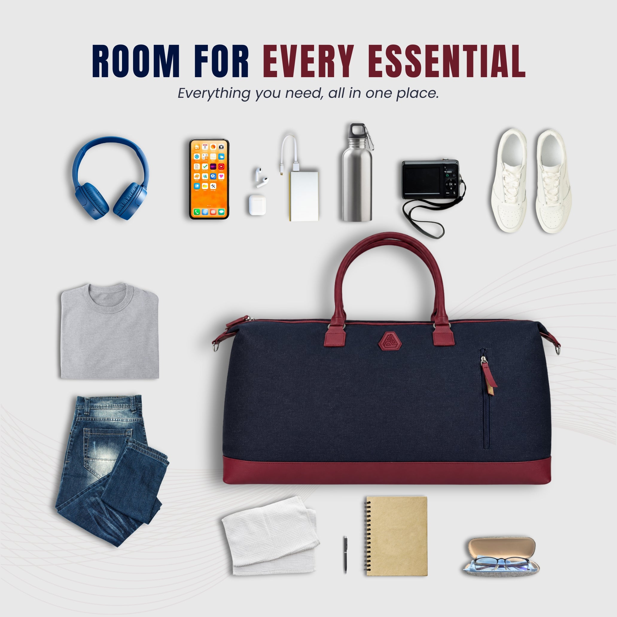  Navy + Maroon Weekender Duffle Bag for Men