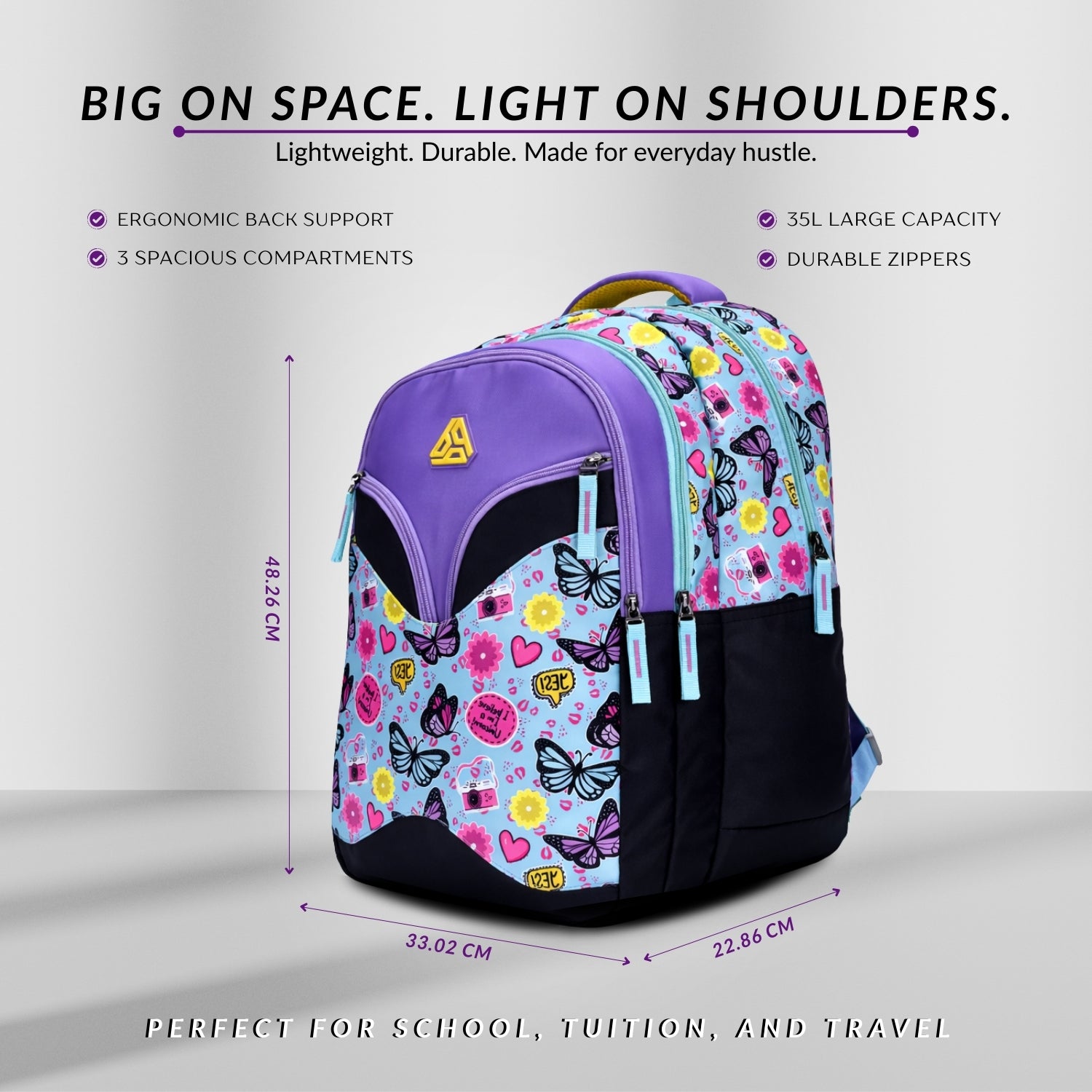 Packster Butterfly School Bags For Girls | 3 Compartments Kids Backpack With stationery Pouch | Water-Registant | Lightweight | Sky Blue Butterfly Design