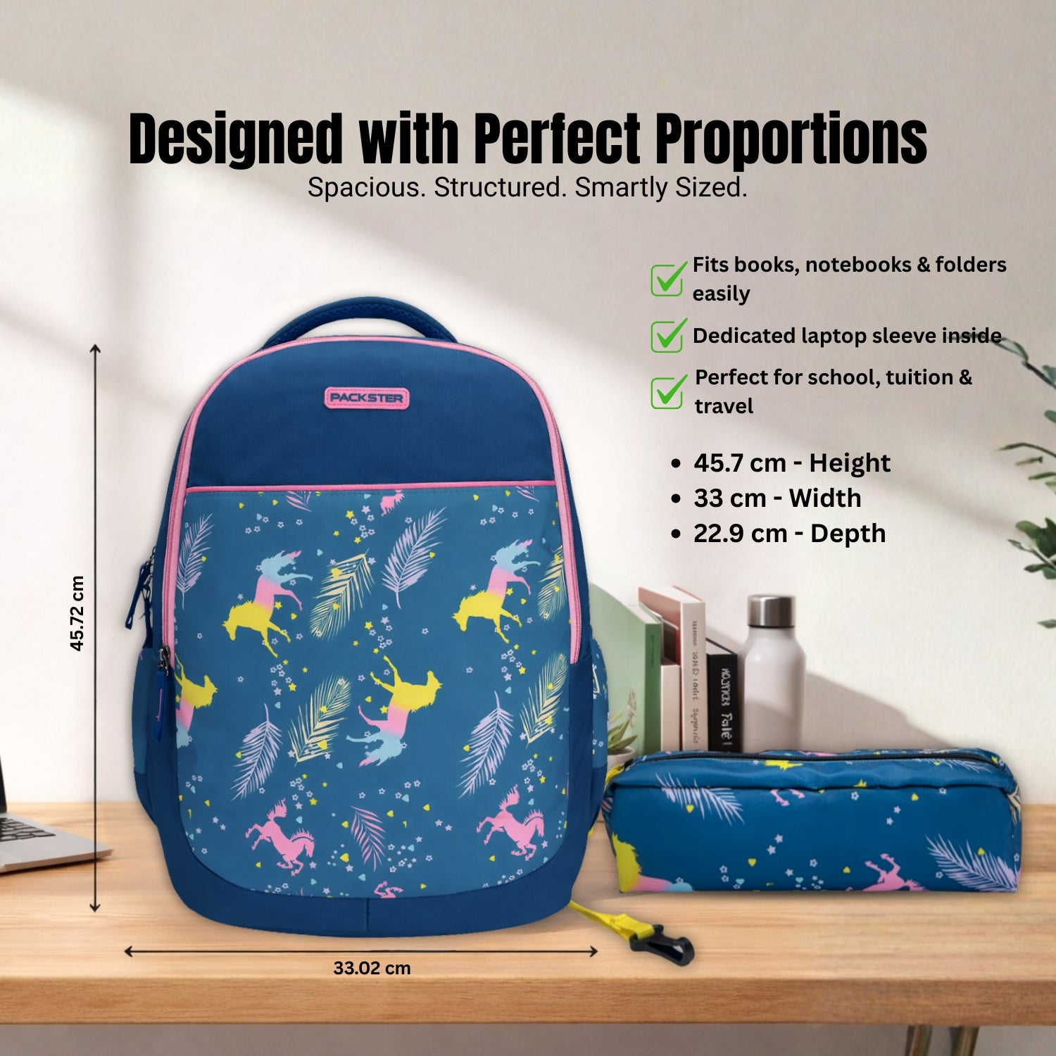 Packster Flicka school Bag For Boys & Girls | 3 Compartments | 34L Lightweight Kids School Backpack With Stationery Pouch | Water-Resistant Backpack | Blue Unicorn Design