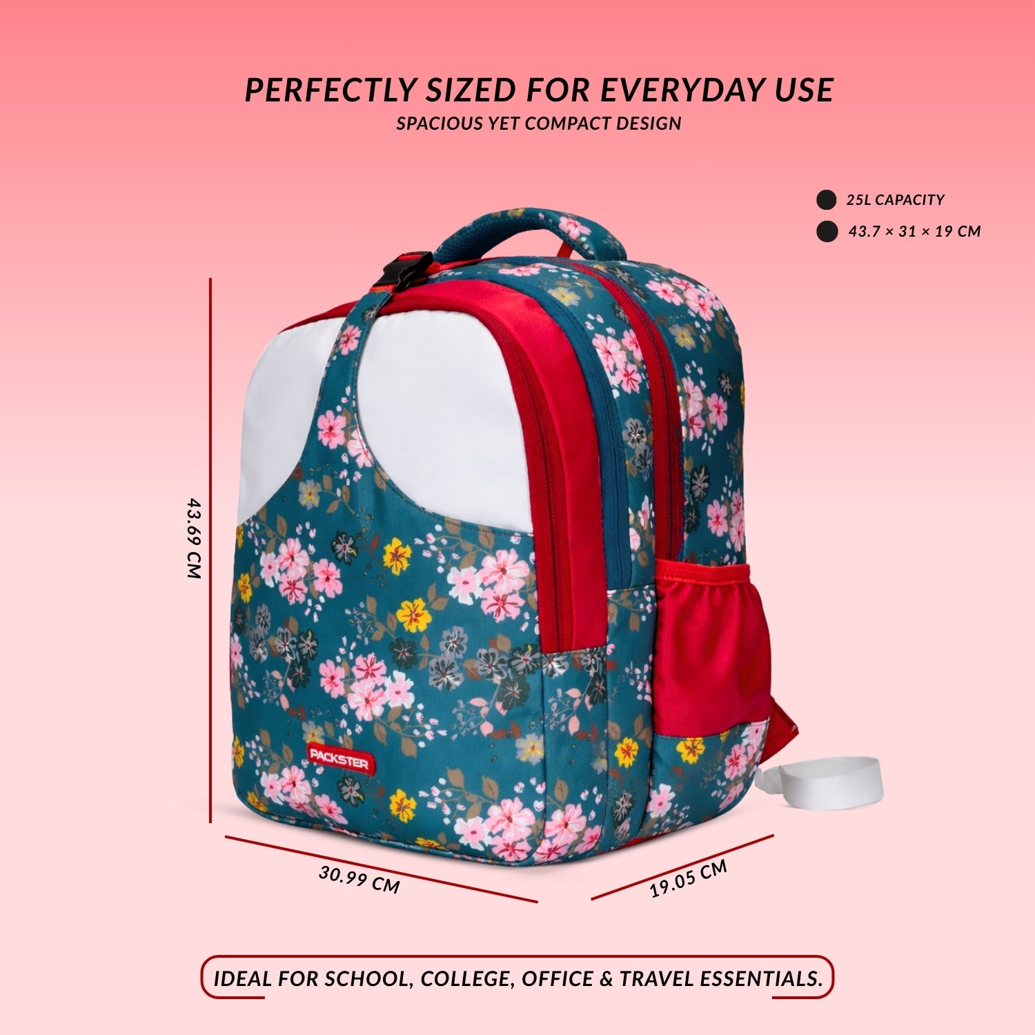 Packster Pancy School Bag for Kids | 24L Girls School Backpack with Stationery Pouch | Lightweight | Water-Resistant | Sea Green Floral Design