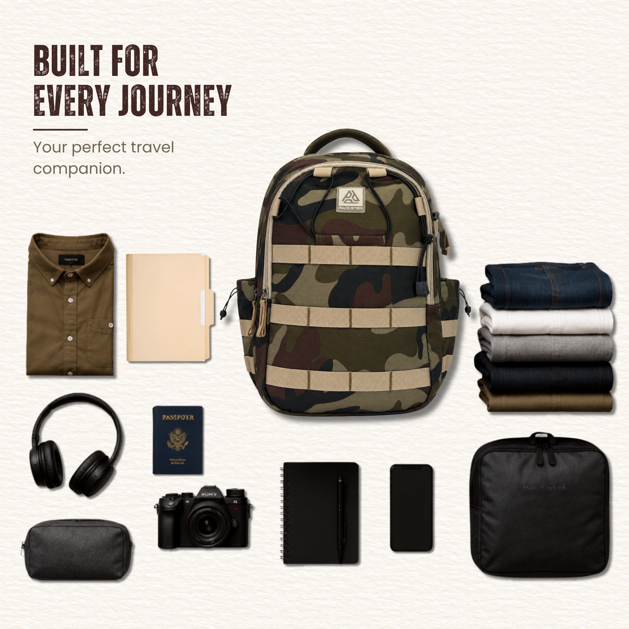  Khaki Travel Backpack 
