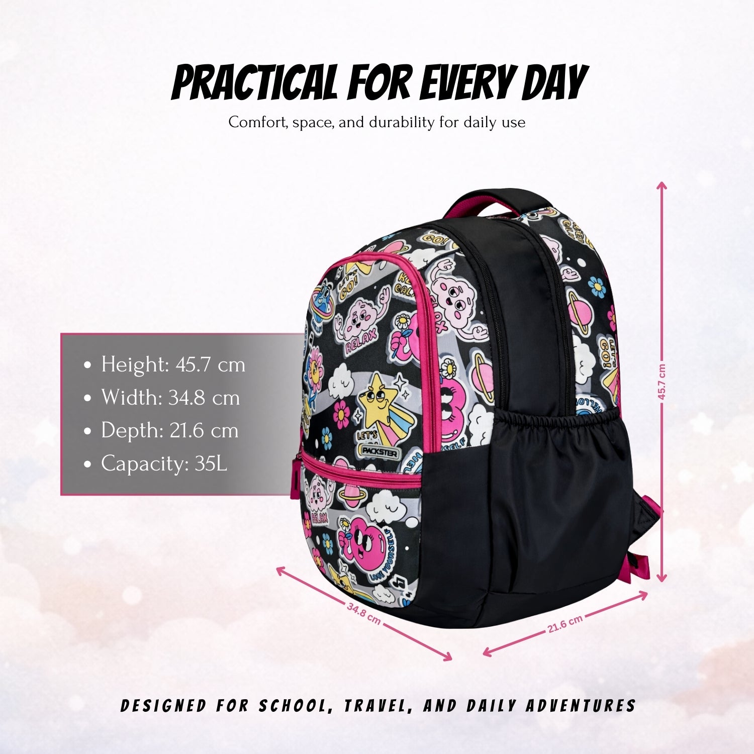 Packster Relax 3 compartments Kids Bag For School |  35L School Bag For Girls With Stationery Pouch | Lightweight | Water-Resistant | Black Cartoon Design