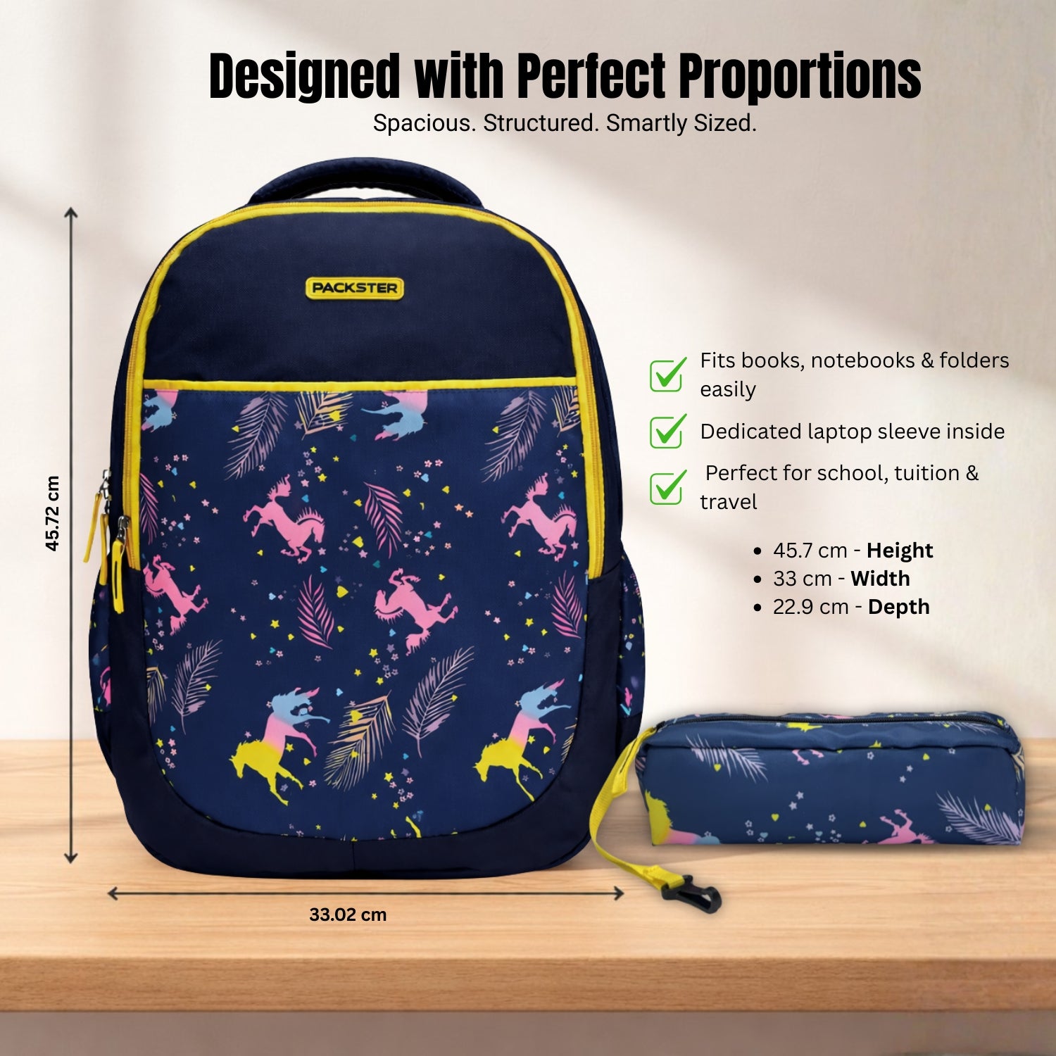 Packster Flicka School Backpack for Girls & Boys | 34L Kids School Bag with Stationery Pouch | 3 Compartments | Water-Resistant Backpack | Navy Blue Unicorn Design