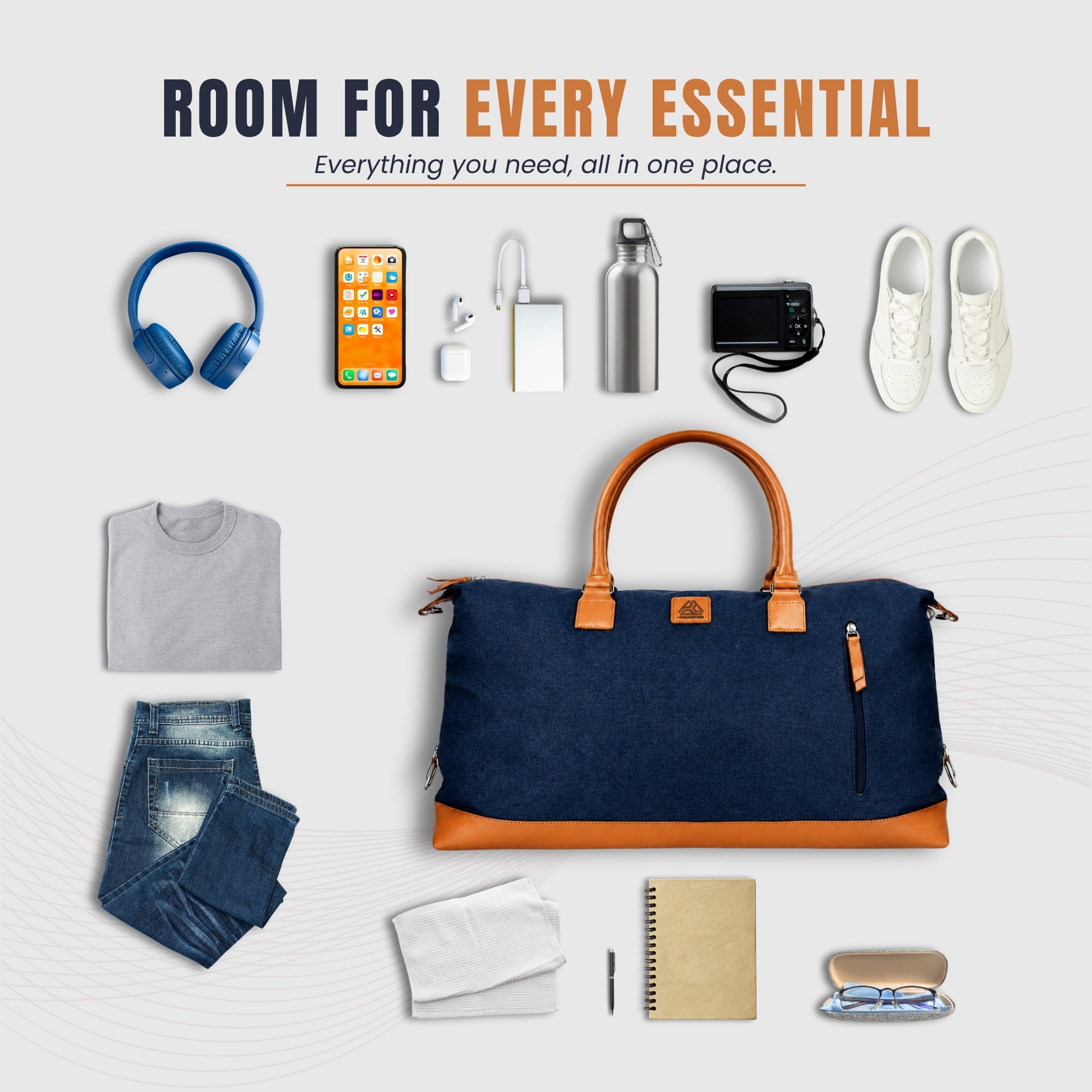 Navy + Tan Weekender Duffle Bag for Men