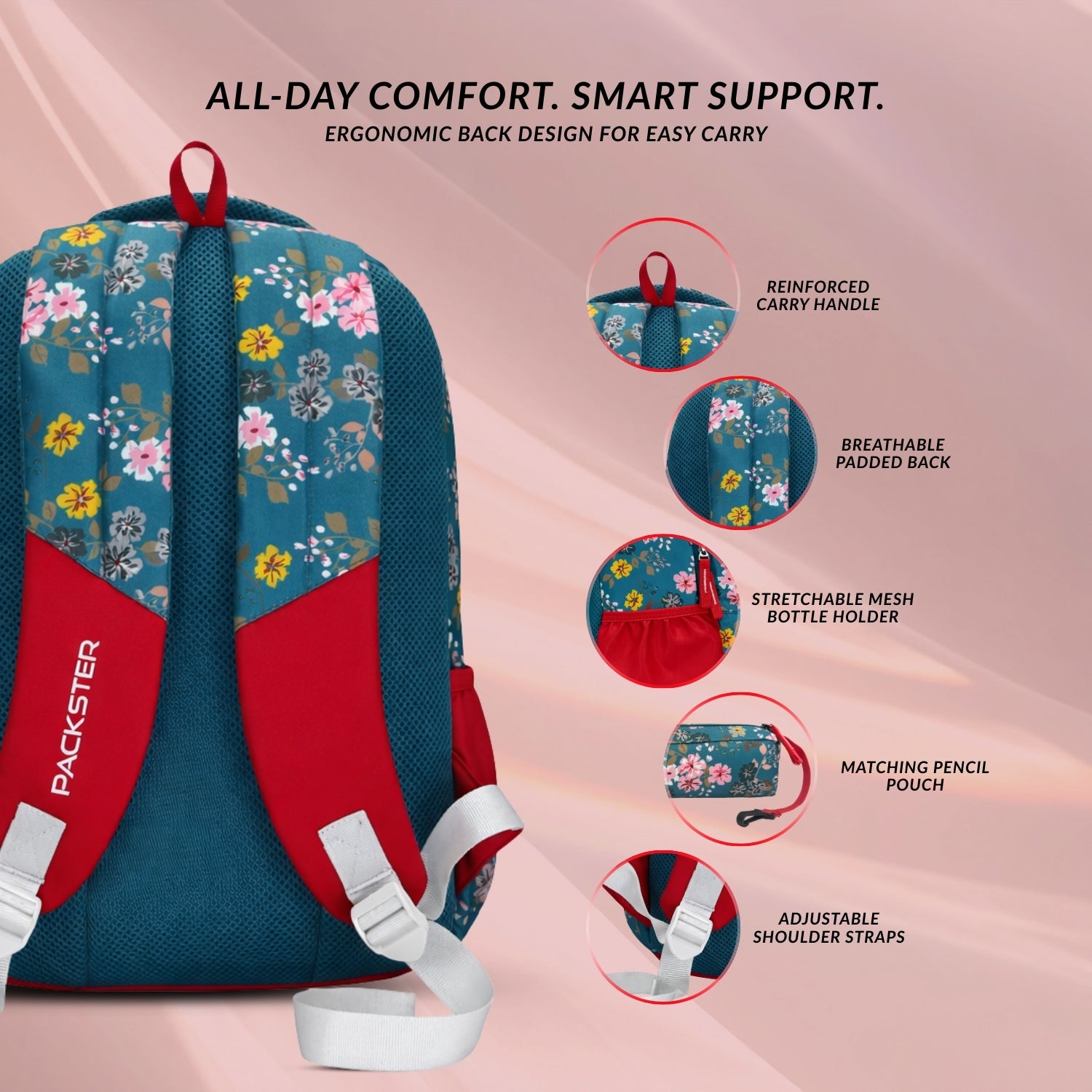 Packster Pancy School Bag for Kids | 24L Girls School Backpack with Stationery Pouch | Lightweight | Water-Resistant | Sea Green Floral Design