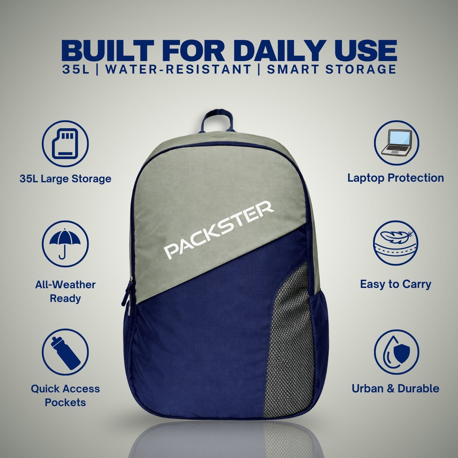 Packster BTC Horizon 35L Casual Laptop Backpack for Men & Women | Water-Resistant | Triple Compartment | Lightweight Durable College, Travel & Daily Use Bag with Bottle Holders (Grape/Navy)