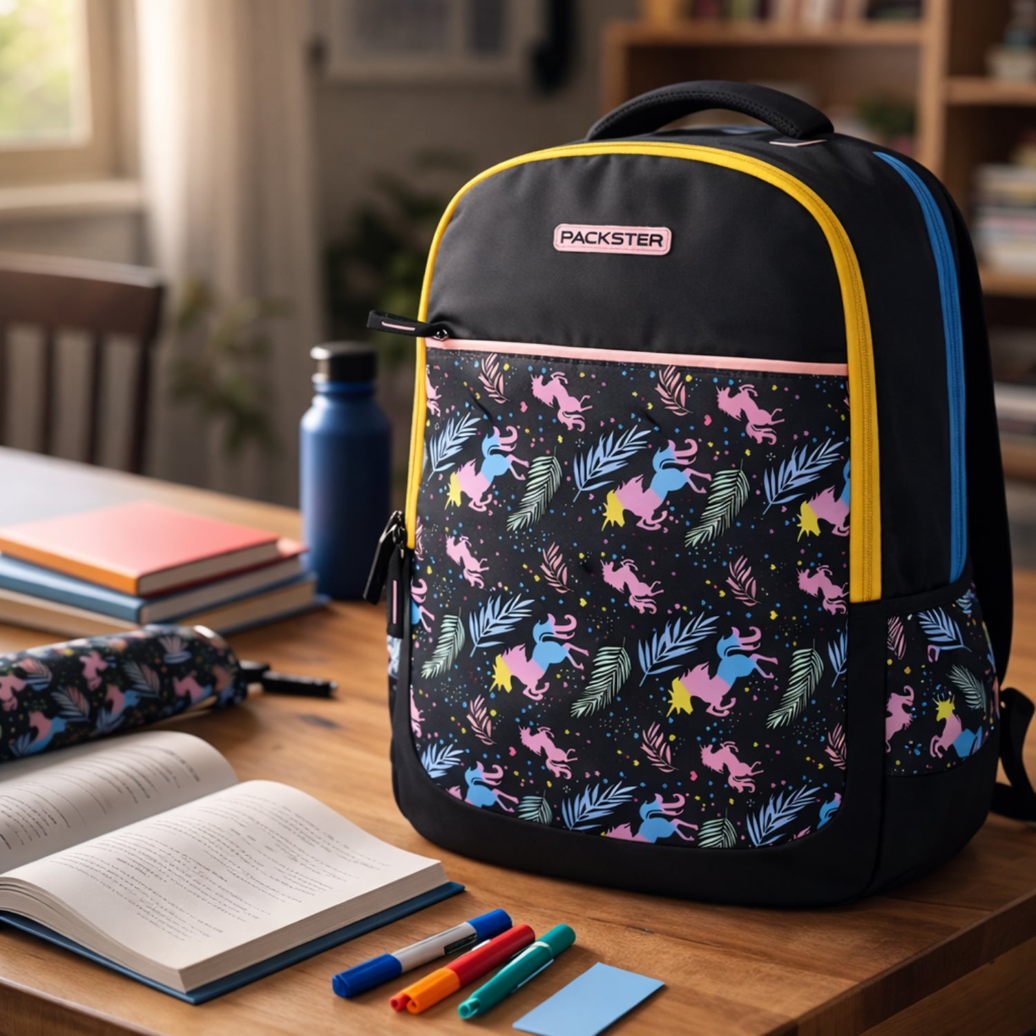 Packster Flicka 3 Compartment Kids School Backpack | 34L Water-Registant  Lightweight School Bag For Boys & Girls With Stationery Pouch | Black Unicorn Design