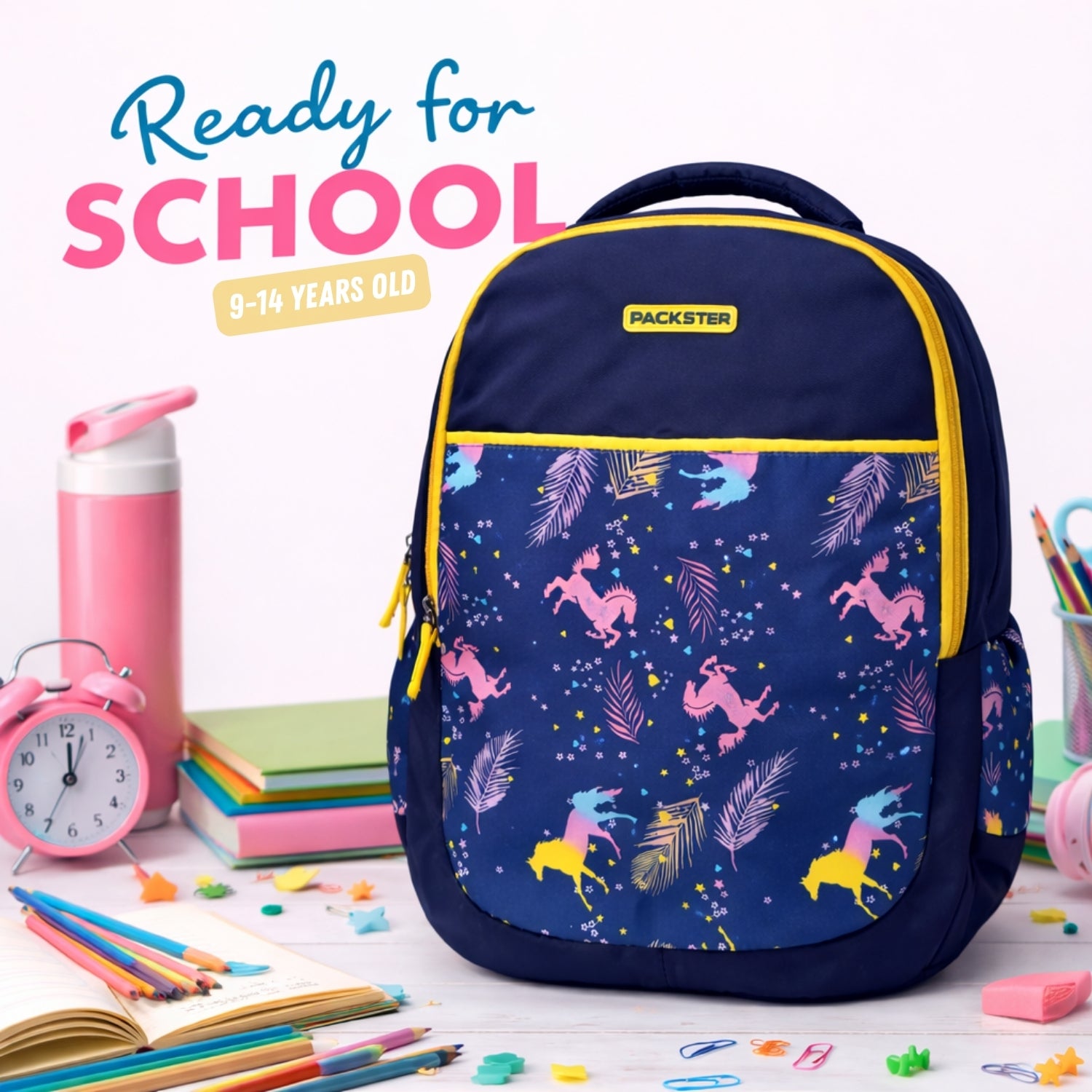 Packster Flicka School Backpack for Girls & Boys | 34L Kids School Bag with Stationery Pouch | 3 Compartments | Water-Resistant Backpack | Navy Blue Unicorn Design